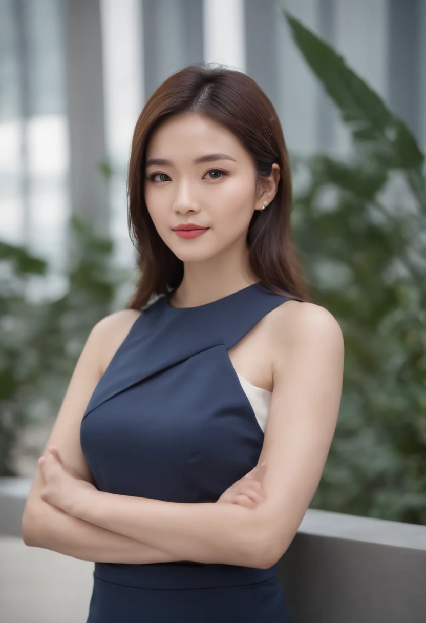 Professional image of a 25-year-old Chinese professional woman, Wear a navy blue business casual suit and hip wrap skirt, Professional profile photo, posing with crossed arms, professional picture, professional profile picture, photograph of a woman, Business woman, lecturer, Black hair, Slim body, 8K high-definition