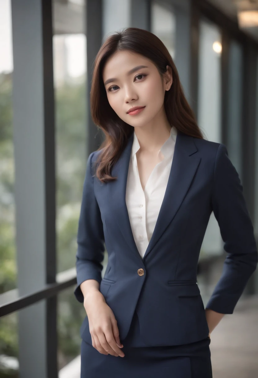 Professional image of a 25-year-old Chinese professional woman, Wear a navy blue business casual suit and hip wrap skirt, Professional profile photo, posing with crossed arms, professional picture, professional profile picture, photograph of a woman, Business woman, lecturer, Black hair, Slim body, 8K high-definition