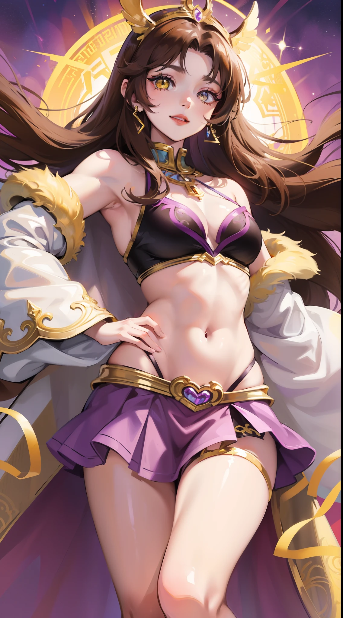 young girl, Long brown hair, Heterochromia, purple and yellow eyes, Smile, purple tight top, Turquoise skirt, open belly, Cape King, diadem, Gold Elements, She-ra, Masterpiece, hiquality, 4k, HD, Good detail