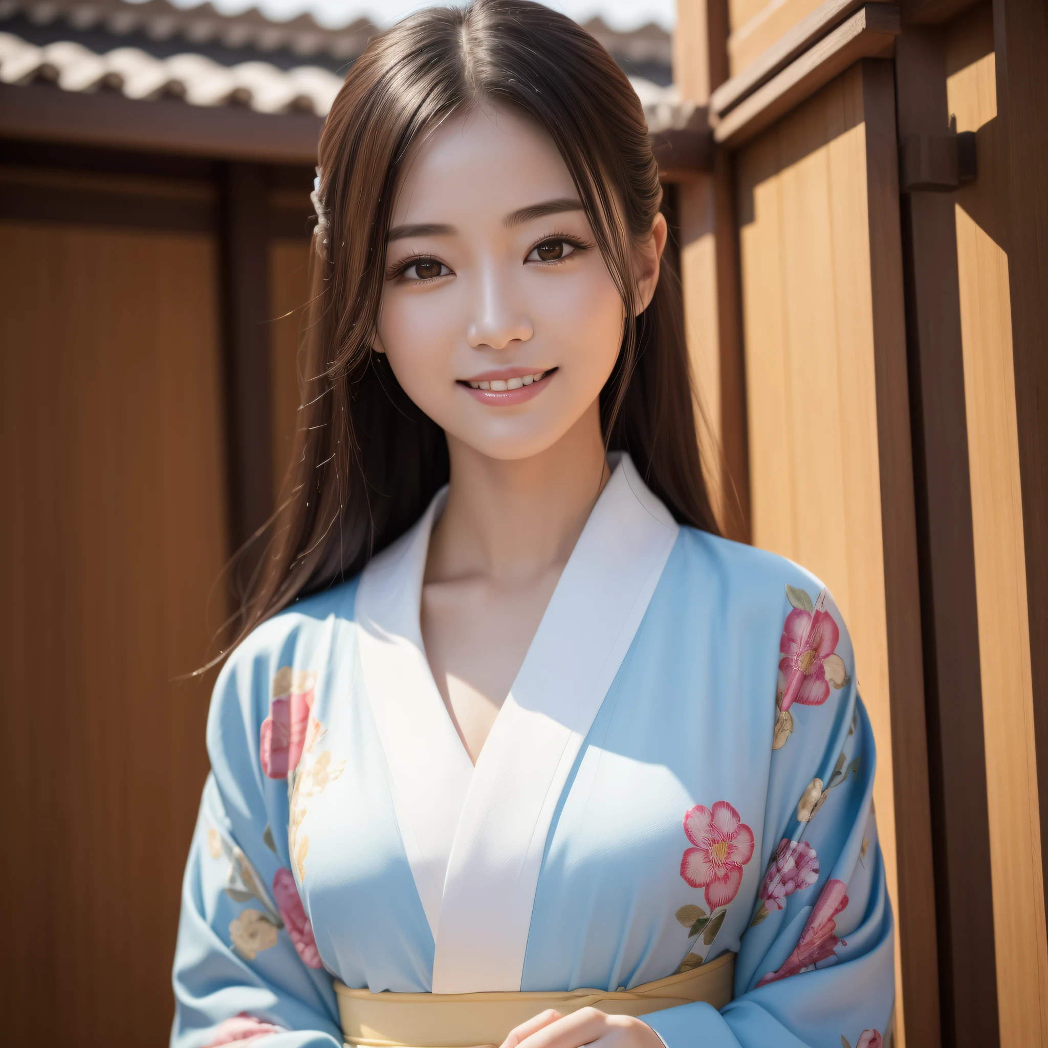 Woman in Kimono、((best qualtiy、8k masterpieces:1.3))、foco nítido:1.2、(ultra beautiful faces:1.0)、(shinny skin:1.0)、photos realistic、A dark-haired、Video Lighting、High-definition eyes and face、Video Lighting、Japan Idol Actress、from the front side、medium breasts、Smile、Slender Abs Beauty、Whole body、wearing kimonos、At the shrine in the early morning