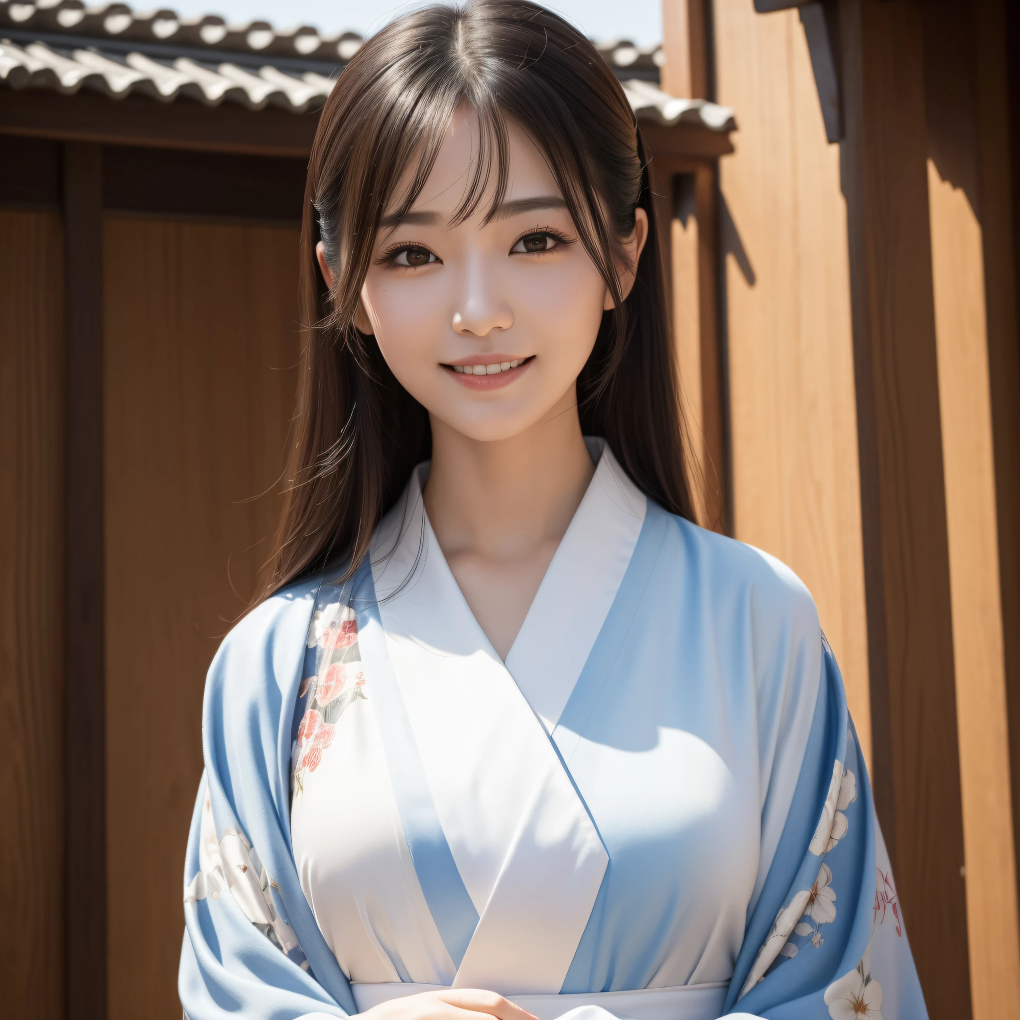 Woman in Kimono、((best qualtiy、8k masterpieces:1.3))、foco nítido:1.2、(ultra beautiful faces:1.0)、(shinny skin:1.0)、photos realistic、A dark-haired、Video Lighting、High-definition eyes and face、Video Lighting、Japan Idol Actress、from the front side、medium breasts、Smile、Slender Abs Beauty、Whole body、wearing kimonos、At the shrine in the early morning