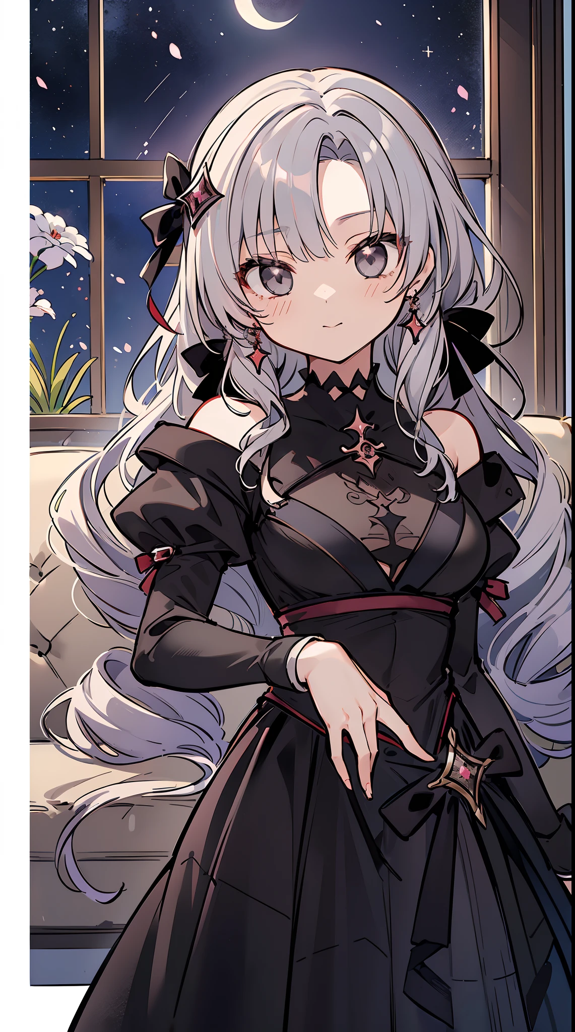 Best Quality, masutepiece, ((Ichihyakuman Tengen Salome:1.3)), my, (slender:1.3), medium breasts, (Gray hair:1.3), Wavy Hair, (oblique bangs:1.3), (Twin-tailed:1.3), (Detailed black eyes:1.3), Sense of depth, earrings, lightsmile, (Moonlight penetrates the clouds:1.1), (Lunar sky:1.4), Star, Horizontal view, (Gothic sofa:1.3), (Black sofa:1.2), (Black window:1.3), (black interior:1.2), (Gorgeous room:1.5), (Looking at Viewer:1.4),