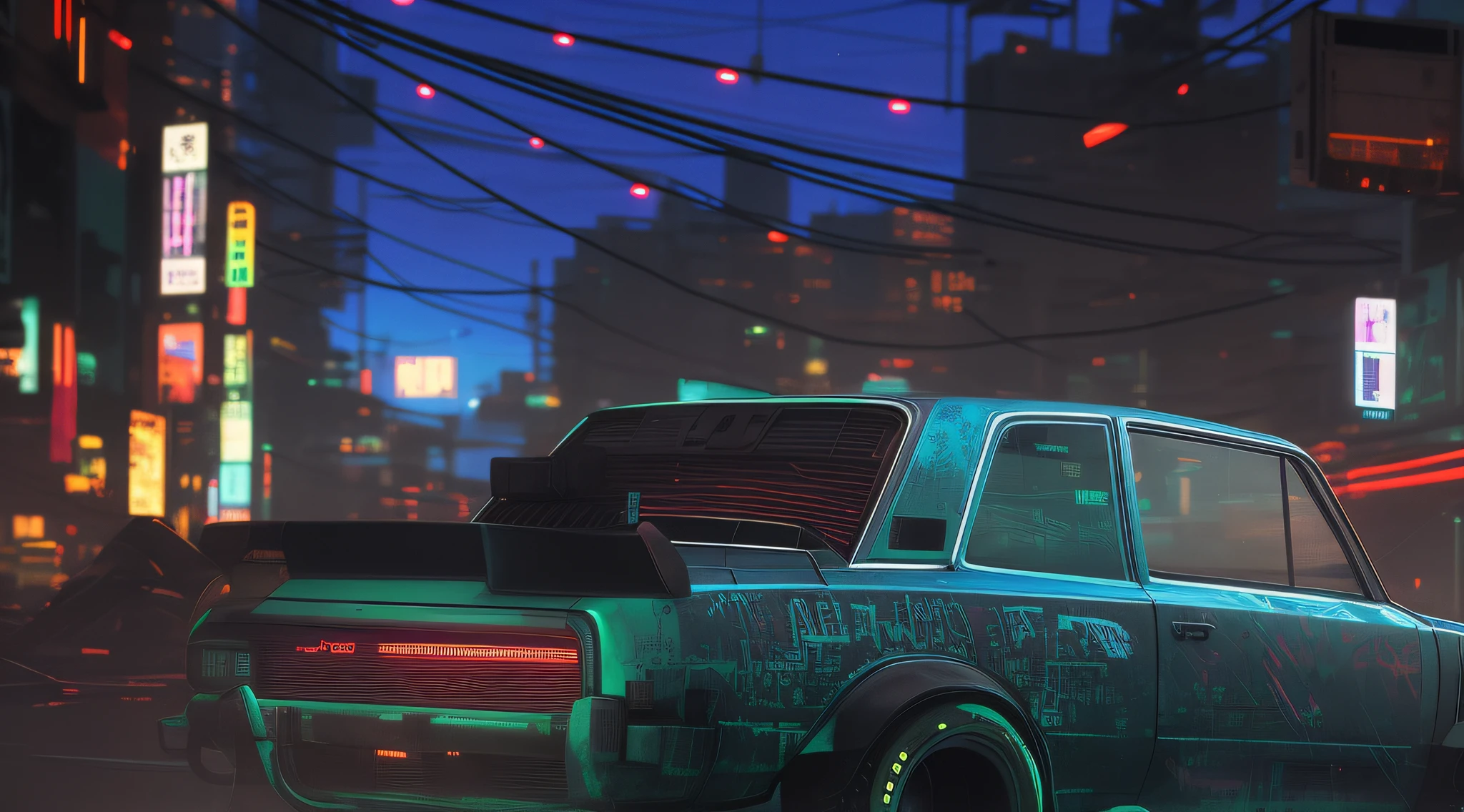 There is a car that is painted green with graffiti, vibe cyberpunk, carro cyberpunk, Estilo de arte cyberpunk, papel de parede de alta qualidade, Estilo anime 4K, Cyberpunk 8 mil, rua noturna cyberpunk, inspirado em Liam Wong, estilo cyberpunk hiper-realista, brilho cyberpunk brilhante, Arte digital altamente detalhada em 4k, cyberpunk neon, Papel de parede 4k, Papel de parede 4k, Rua Cyberpunk