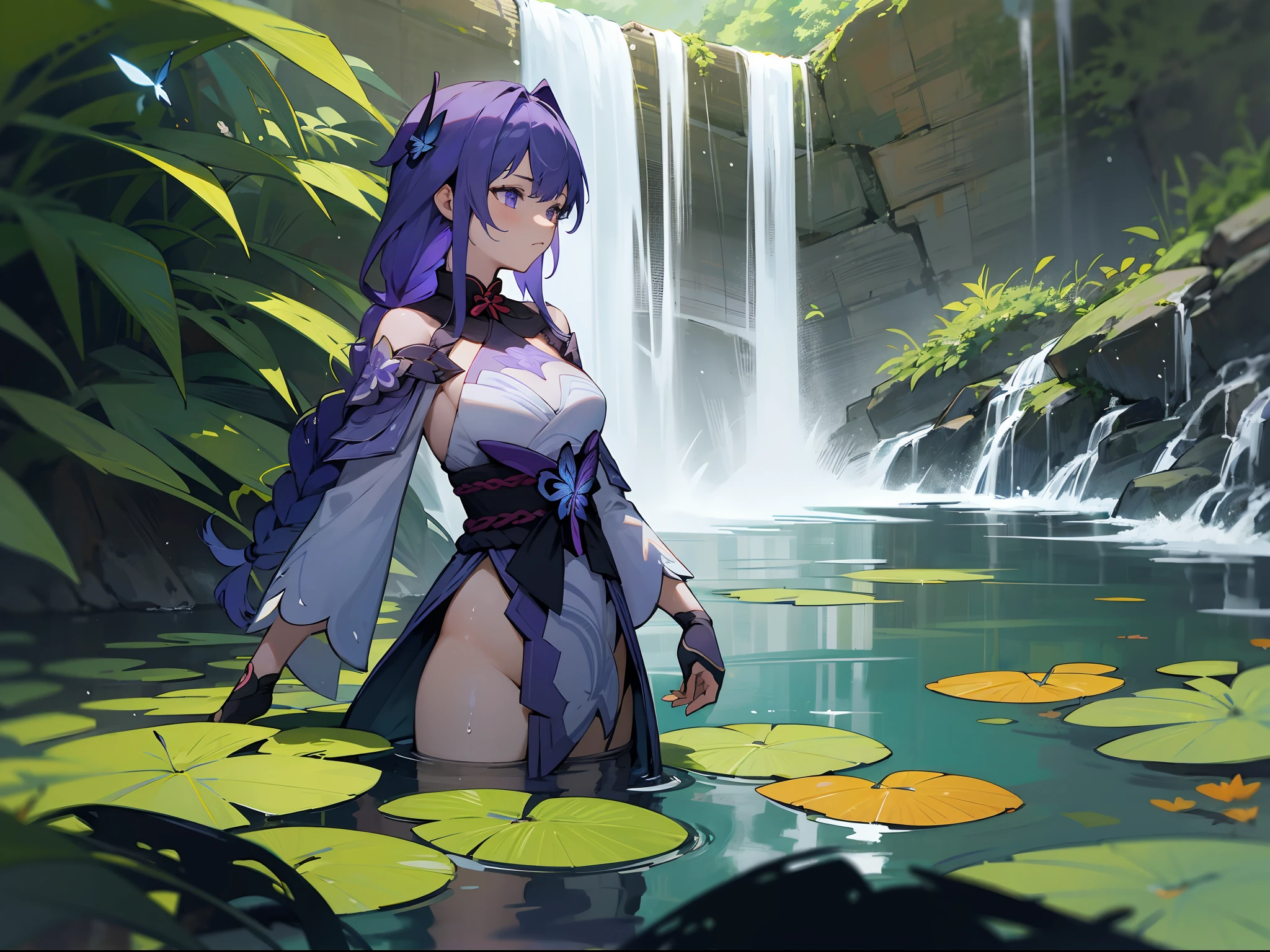 [Game 1.5], [Genshin Impact 1.5], [Raiden Shogun 1.5], [Ei 1.5] Raiden Shogun, 1girl, swimming in pond, long braided hairs, waterfalls, butterflies, flowers, purple bikni, beautiful and highly detailed scenery