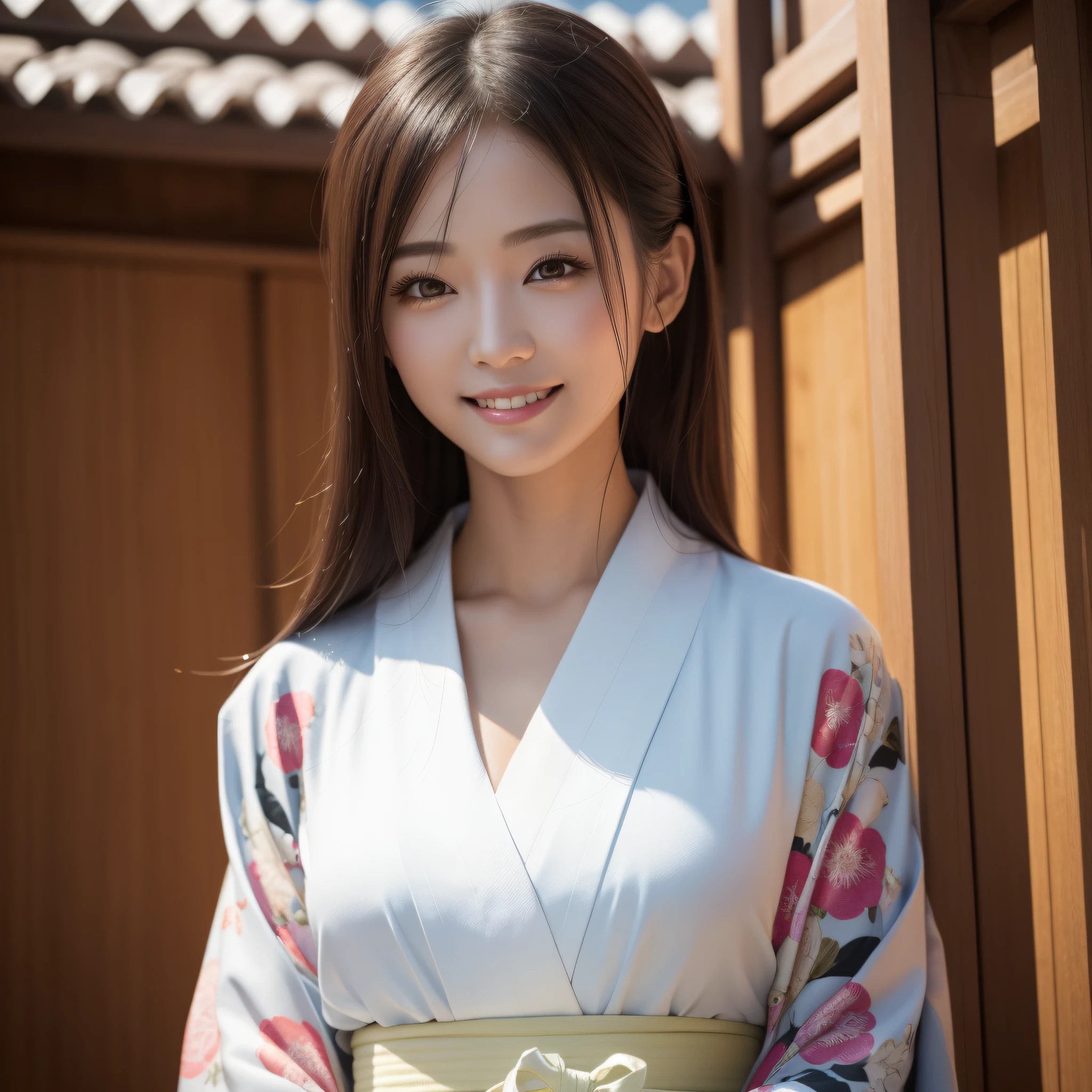 Woman in Kimono、((best qualtiy、8k masterpieces:1.3))、foco nítido:1.2、(ultra beautiful faces:1.0)、(shinny skin:1.0)、photos realistic、A dark-haired、Video Lighting、High-definition eyes and face、Video Lighting、Japan Idol Actress、from the front side、medium breasts、Smile、Slender Abs Beauty、Whole body、wearing kimonos、At the shrine in the early morning