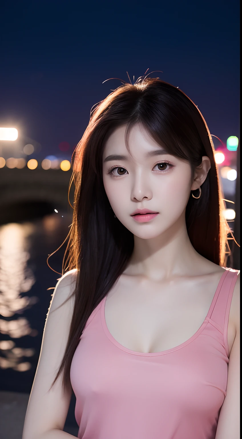 Realistic photos of (1 cute Korean star) medium hair, thin makeup, 32 inch breasts size, wearing pink tank top on the stone bridge, night, moonlight is backdrop,, close-up portrait, UHD