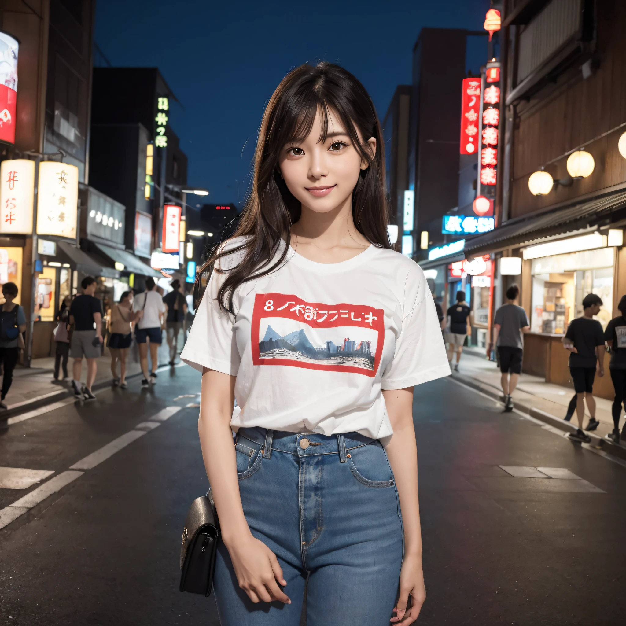 One beauty、((best qualtiy、8k masterpieces:1.3))、foco nítido:1.2、(ultra beautiful faces:1.0)、(shinny skin:1.0)、photos realistic、A dark-haired、Video Lighting、High-definition eyes and face、Video Lighting、25-year-old Japan actress、from the front side、medium breasts、Smile、Slender Abs Beauty、Whole body、Wearing a Japan T-shirt、In the downtown area at night