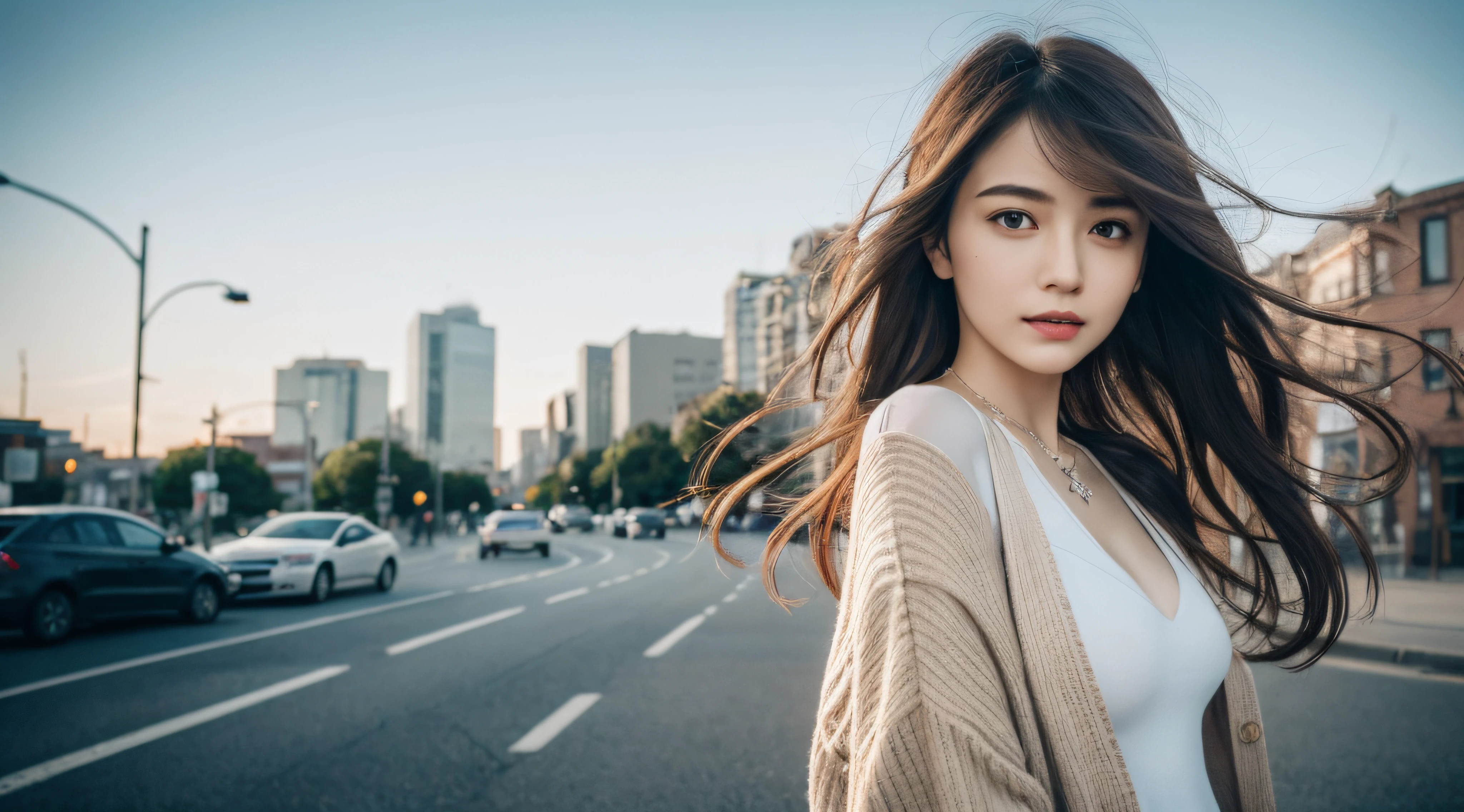 intricate detailes, extremely fine and beautiful, unbelievable Ridiculous, cowboys_shot, sideboob barbosa, Personage as the main perspective, Walking motion, extra detailed body, flat chest, girl,Woman,Female, 年轻,20 years old, Long hair, Wavy Hair, Bangs, Brown hair, Hair fluttering in the wind, Delicate beautiful face, ((^_^)), complex details beautiful and delicate eyes, parted_Lips, Delicate hands, Small_breasts, White skin, Piercing, Necklace, Cardigan, Hoodie, Pants, busy street, Beautiful detailed sky, beautiful detailed background, Bokeh, very fine 8KCG wallpaper, extremely detailed CG unity 8k, the Extremely Detailed CG Unity 8K Wallpapers,