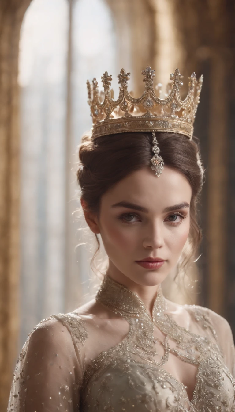 (best quality,4k,highres,masterpiece:1.2),beautiful detailed face,long eyelashes,gorgeous detailed gown,crown on head,magical crystal ball,performing a spell,in a luxurious palace,surreal art