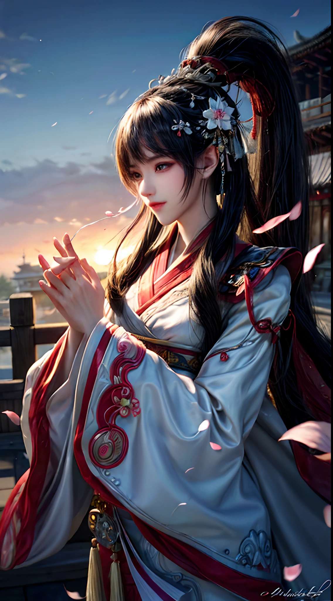 (Best quality,4K,A high resolution,Masterpiece:1.2),Ultra-detailed,Realistic, Black and white Hanfu,Black embroidery, Flowing white ponytail, Long flowing hair, White mask, The mask flutters in the wind, Fringed Hair Ornament, Peony flower, Ancient style, Wide sleeves, Dynamic pose, Dramatic composition, falling flower petals, red waistband, the complex background, Ancient architecture, Misty clouds,, Swirling clouds, Cinematic lighting，Fine feather background.