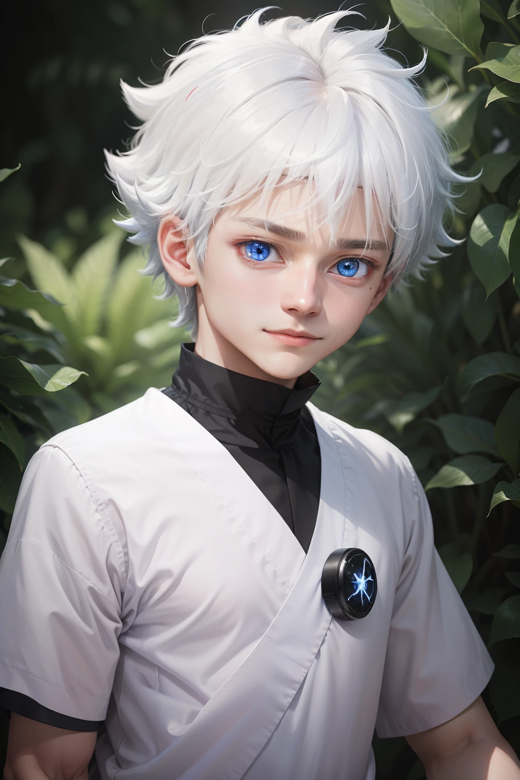 masterpiece, best quality, high quality, 1boy, solo, male focus, looking at viewer, upper body, killua_zoldyck White hair,Glowing blue eyes, Slight smile,