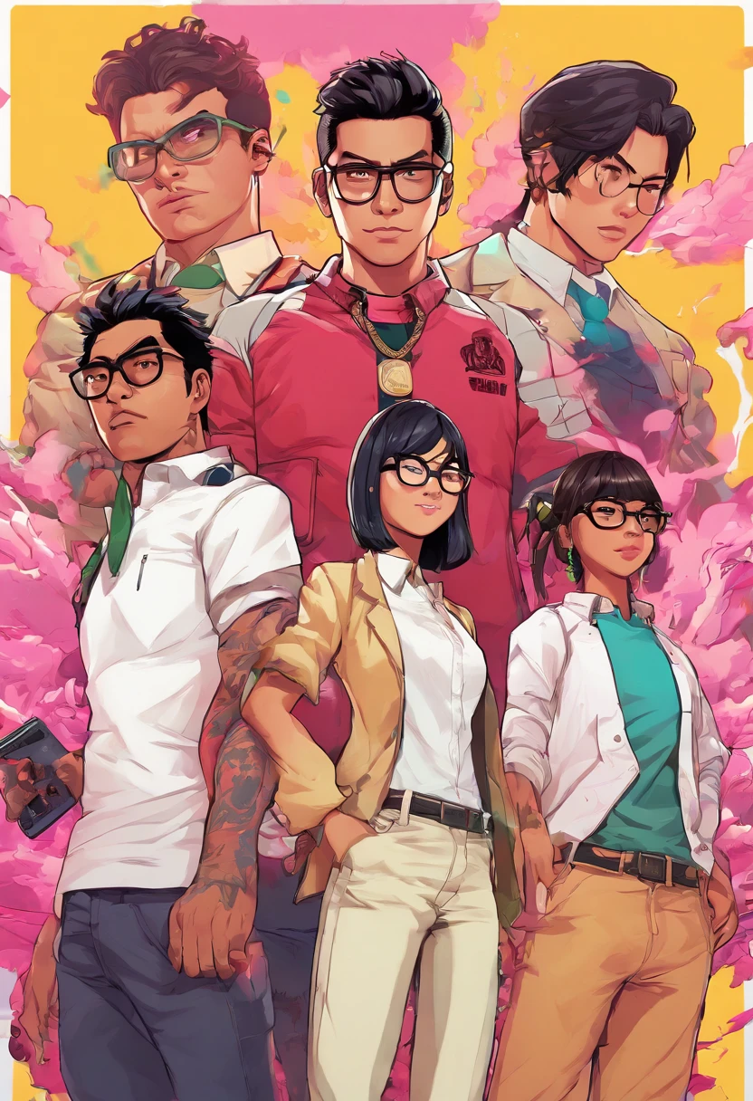 Generate Artwork , four male hughschoolers, a girl with black anime hair and glasses, a boy with layered hair and glasses, two bulliers, all asians, all wearing white shirt uniform and black trousers