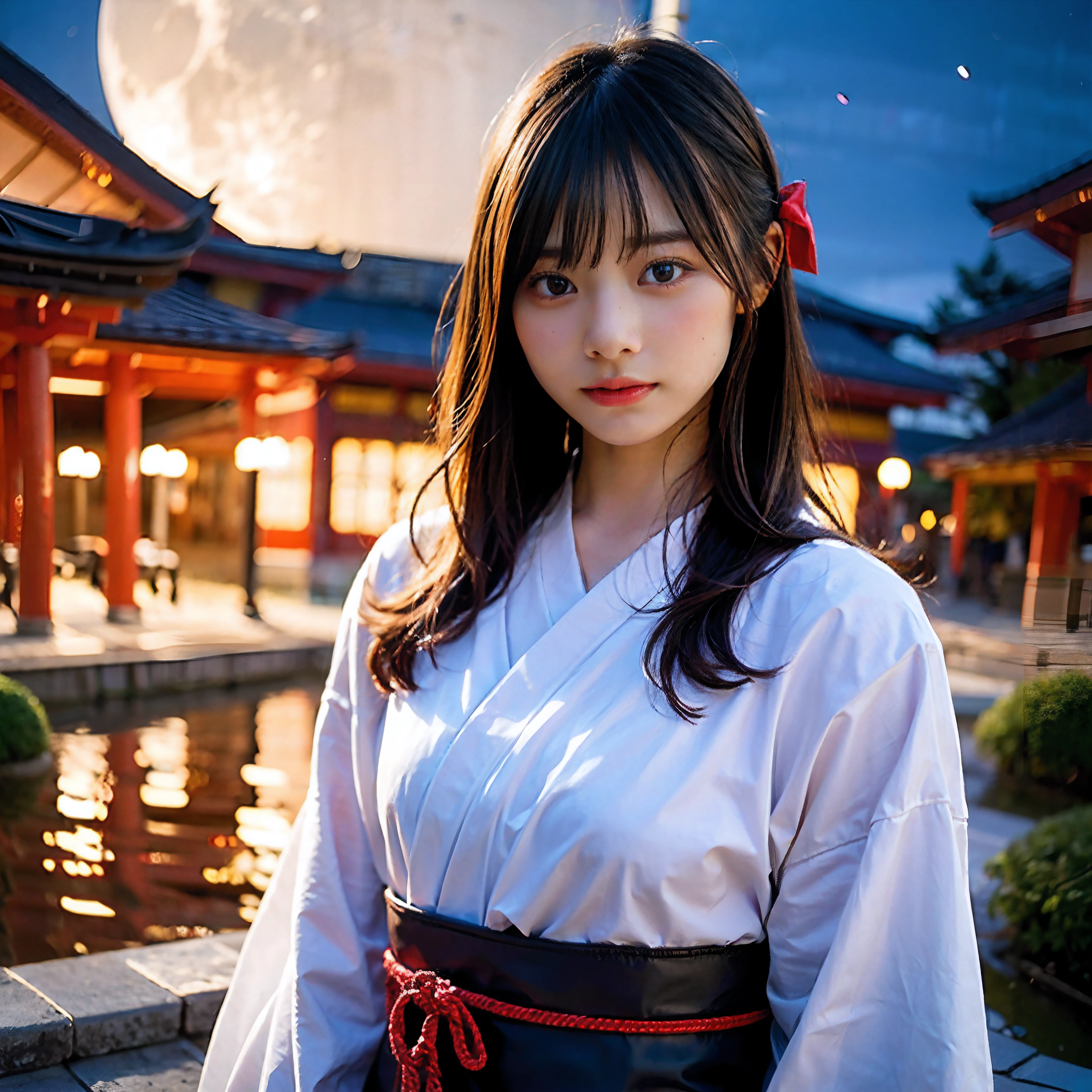 (8K, Best Quality, masutepiece:1.2), (SFW:1.3), (Realistic, Photorealsitic:1.37), 1 beautiful girl, Full body, Sexy body, Komono, Mini skirt, Long hair, ribbon in her hair,Former Japan Village, Night, fullmoon, Moonlight, fire, Holding a sword, Fantasy, Floating hair, Sateen, A Japanese Lady ,samurais