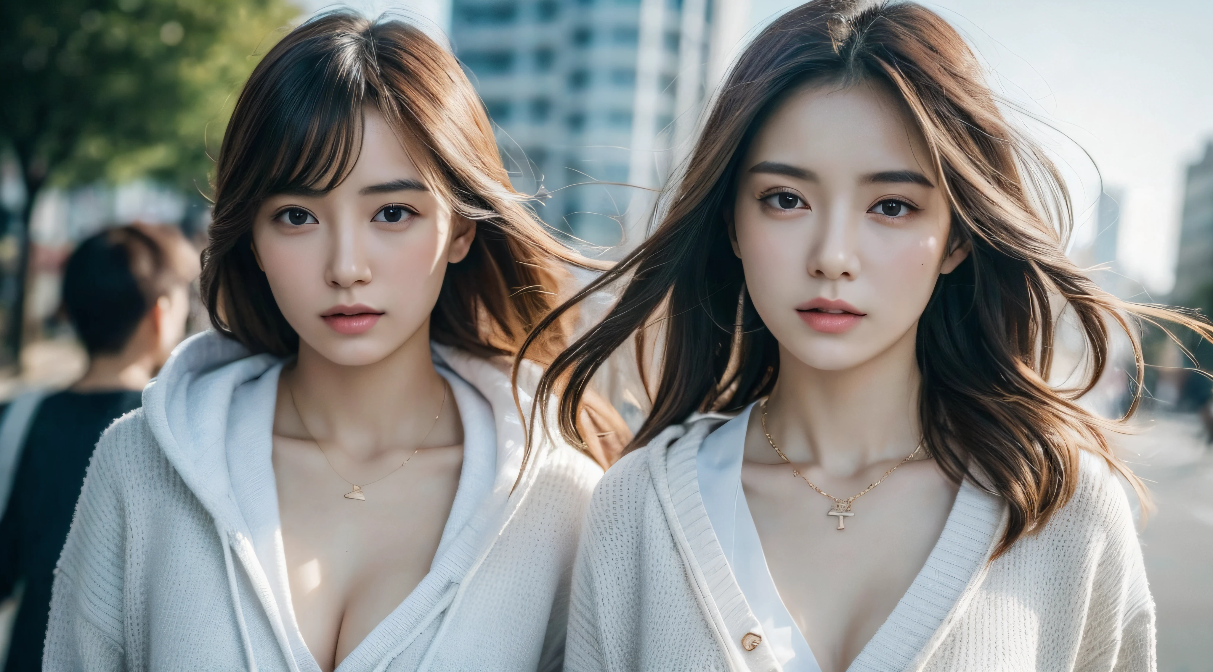 intricate detailes, extremely fine and beautiful, unbelievable Ridiculous, cowboys_shot, sideboob barbosa, Personage as the main perspective, Walking motion, extra detailed body, flat chest, girl,Woman,Female, 年轻,20 years old, Long hair, Wavy Hair, Bangs, Brown hair, Hair fluttering in the wind, Delicate beautiful face, ((^_^)), complex details beautiful and delicate eyes, parted_Lips, Delicate hands, Small_breasts, White skin, Piercing, Necklace, Cardigan, Hoodie, Pants, busy street, Beautiful detailed sky, beautiful detailed background, Bokeh, very fine 8KCG wallpaper, extremely detailed CG unity 8k, the Extremely Detailed CG Unity 8K Wallpapers,