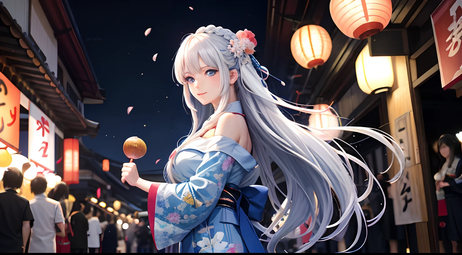 anime, 1 lady, long white hair braided and blue eyes, hair blowing, off-shoulder blue yukata, kyoto, night festival, Sakura petals, fireworks, light smile