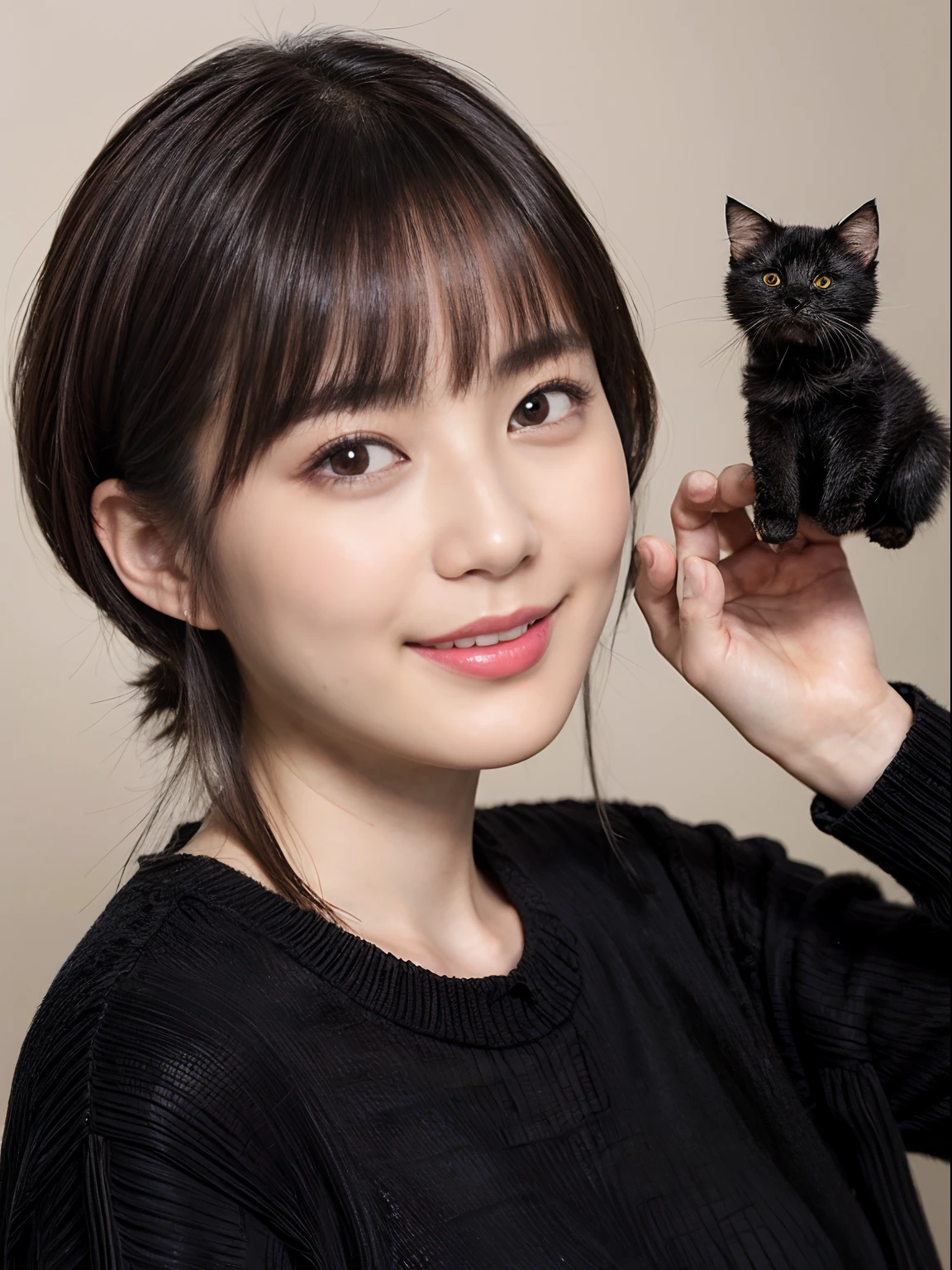 ((1womanl)), (((Black shorthair))), (masuter piece:1,3)、top-quality、masterpiece、hight resolution、Original、highly detailed wallpaper、jeans、 (A slight smil)、a small face、((Full breasts))、(Graphic T-shirt with animal characters printed)、(Light on Face)、Live-action style, Beautiful facial features, Luxurious large room, cowboy shot