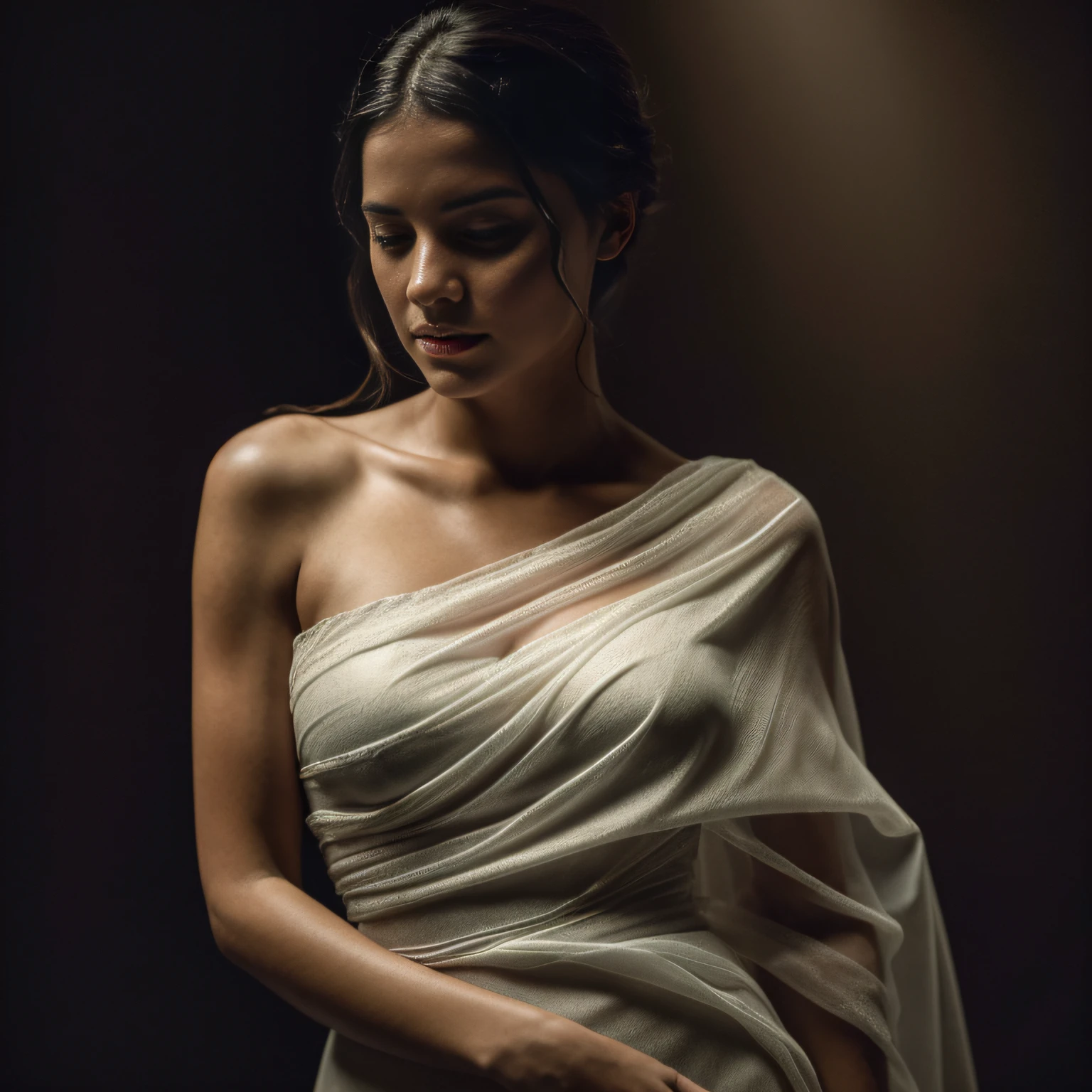 editorial photograph of a nude full body arafed woman in a white dress is posing in the dark, draped in flowing fabric, draped in transparent cloth, inspired by Artemisia Gentileschi, flowing fabric, inspired by Ludovico Carracci, inspired by Orazio Gentileschi, inspired by Henry Raeburn, inspired by Hendrick Terbrugghen, body portrait (highly detailed face:1.4) (smile:0.7) (background inside dark, moody, private study:1.3) with a red veil, in the style of light and color effects, graphic contrasts, matte photo, POV, by lee jeffries, nikon d850, film stock photograph ,4 kodak portra 400 ,camera f1.6 lens ,rich colors ,hyper realistic ,lifelike texture, dramatic lighting , cinestill 800