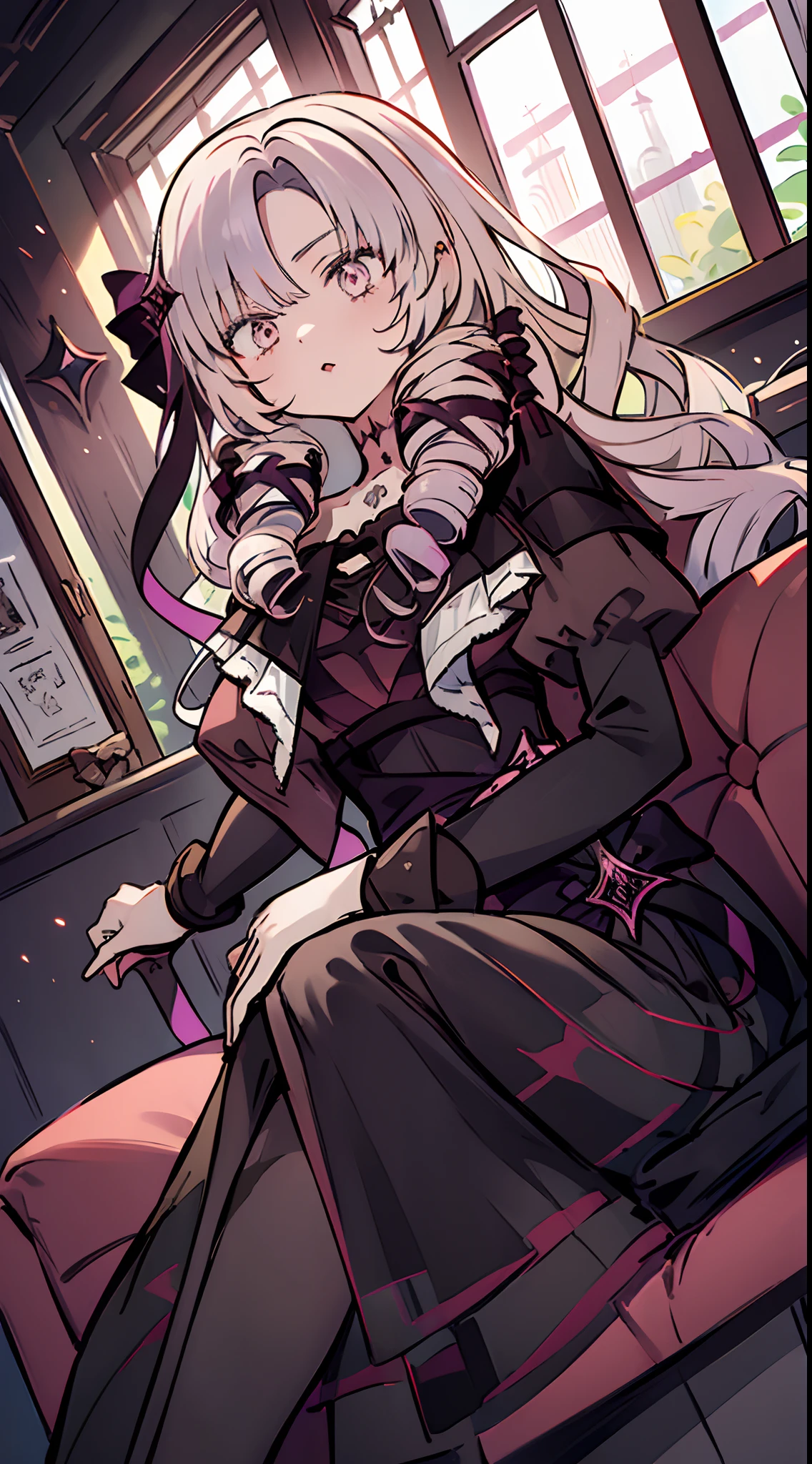 Best Quality, masutepiece, ((Ichihyakuman Tengen Salome:1.3)), my, (slender:1.3), medium breasts, (Blonde hair:1.3), Long hair, Wavy Hair, Twin-tailed, (Blunt bangs:1.3), Looking at Viewer, Bow, (Medieval fantasy:1.3), Sense of depth, (Hair Bow:1.3), (Gothic ta:1.3), Horizontal view, (sitting on the gothic sofa:1.3), (Black sofa:1.2), Front Angle, (black and white window:1.3), (black interior:1.2), (Pink lips:1.3)