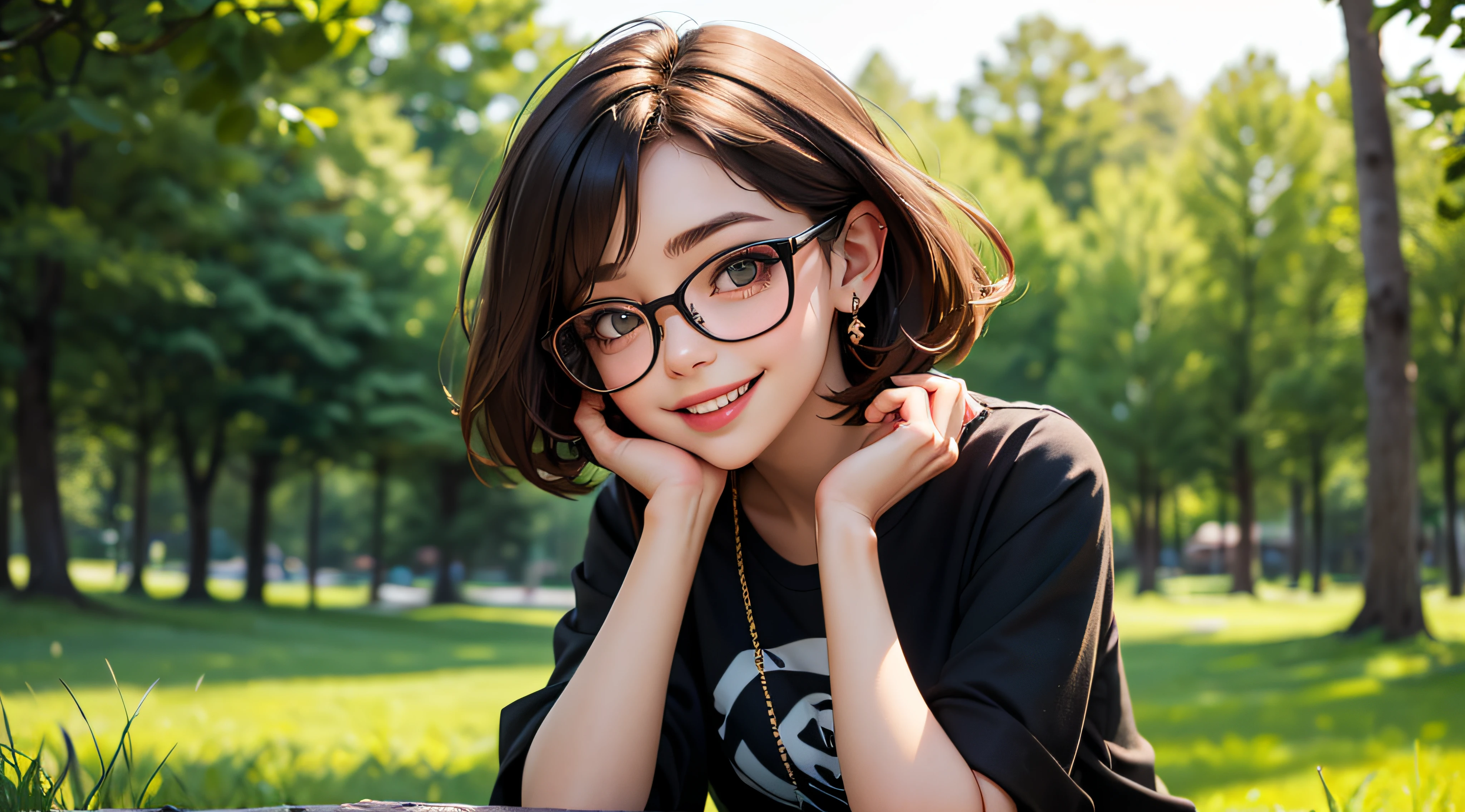 cute smile,punk cute girl wearing glasses and a dark shirt, blurred green grass and trees in the background, short brown hair, detailed face, high quality, high resolution