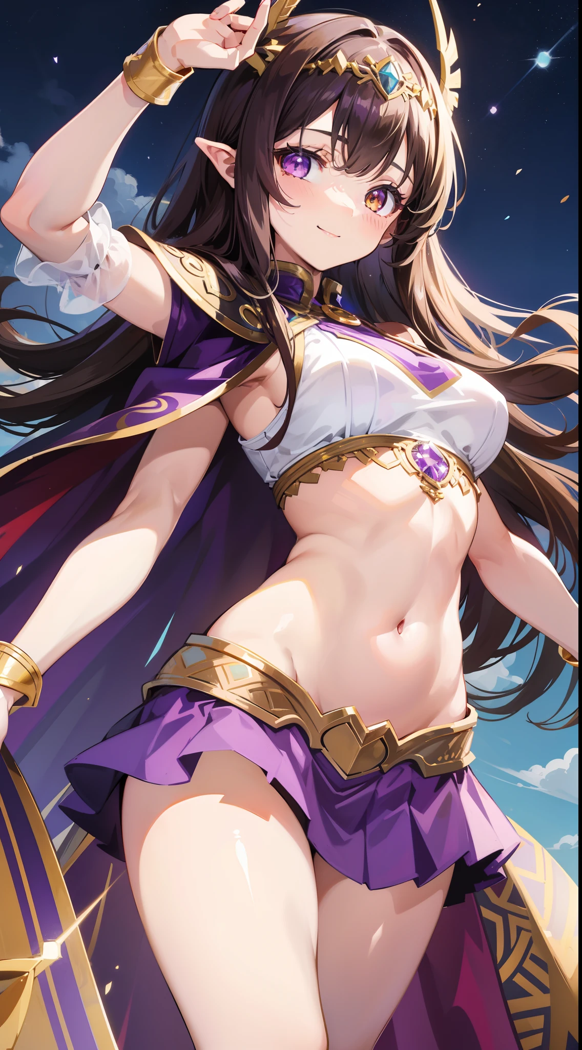 young girl, Long brown hair, Heterochromia, purple and yellow eyes, Smile, purple tight top, Turquoise skirt, open belly, Cape King, diadem, Gold Elements, She-ra, Masterpiece, hiquality, 4k, HD, Good detail