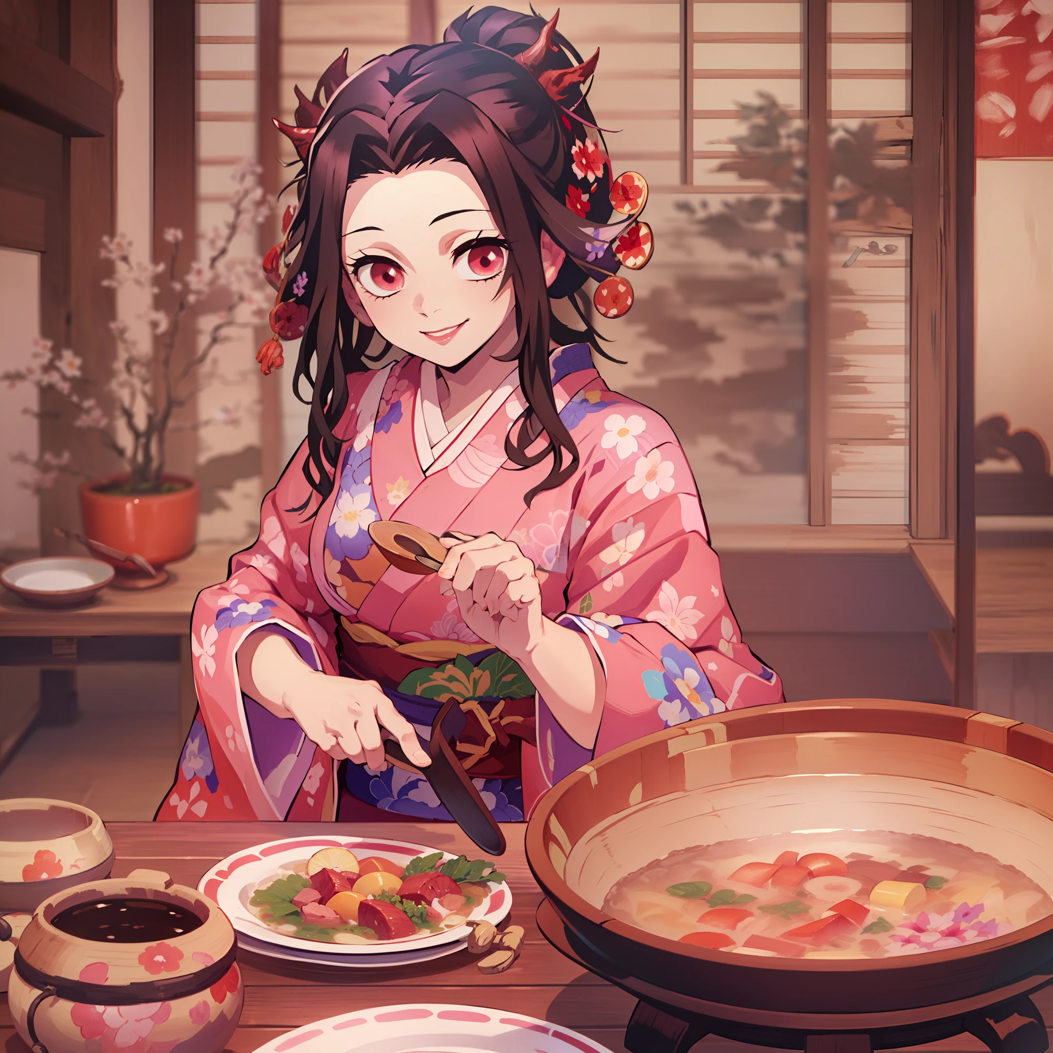 (masterpiece, best quality:1.2), kimetsu no yaiba style, kamado nezuko, (1 girl, solo), 20 years old, upper body, (pink kimono, open chest, floral tattoo on neck and chest), (red demon horns, red eyes), smile, (wooden table, soup plate), holding spoon, Japanese old style room background