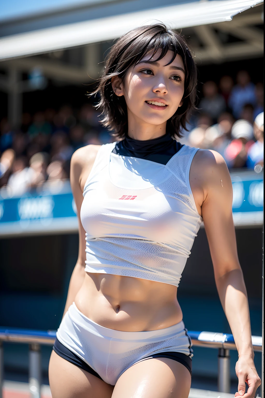 (masutepiece: 1.3), (8K, Photorealsitic, Raw photography, Best Quality: 1.4), A Japanese Lady、Muffin Tops, wide and fat hips, Micro Bikini: 1.2, ultra detail face, Narrow-eyed,drooing eyes, lean forward towards your chest, foco nítido: 1.2, Dark hair, Best Quality, masutepiece, 超A high resolution, (Photorealsitic: 1.4), very detailed and professional lighting smile, athletic stadium background, Track and field athletes doing running, Small white crop top, Small white running shorts, Mass sweat, A smile、 short-haired、Swaying udder