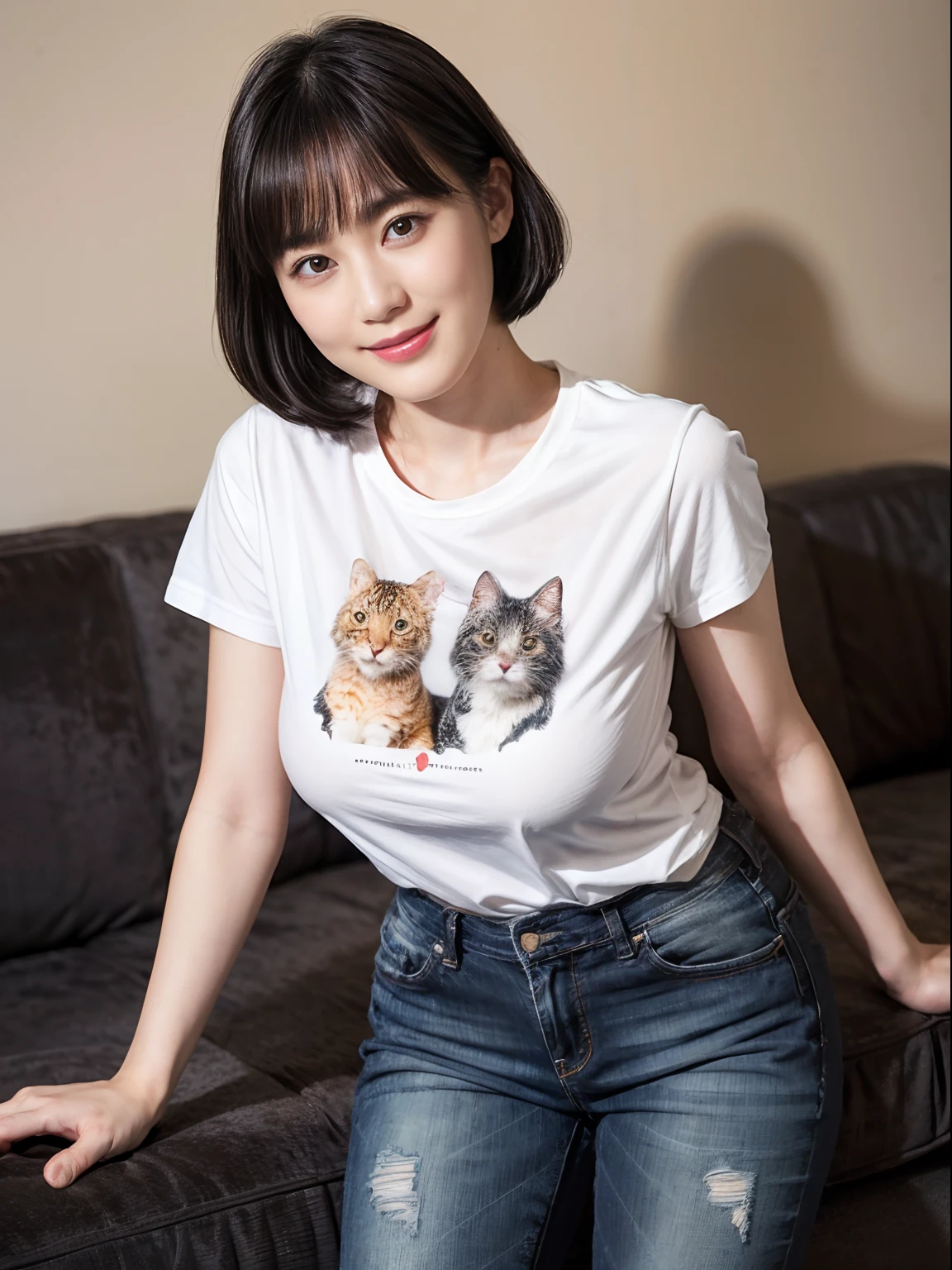 ((1womanl)), (((Black shorthair))), (masuter piece:1,3)、top-quality、masterpiece、hight resolution、Original、highly detailed wallpaper、jeans、 (A slight smil)、a small face、((Full breasts))、(Graphic T-shirt with animal characters printed)、(Light on Face)、Live-action style, Beautiful facial features, Luxurious large room, cowboy shot