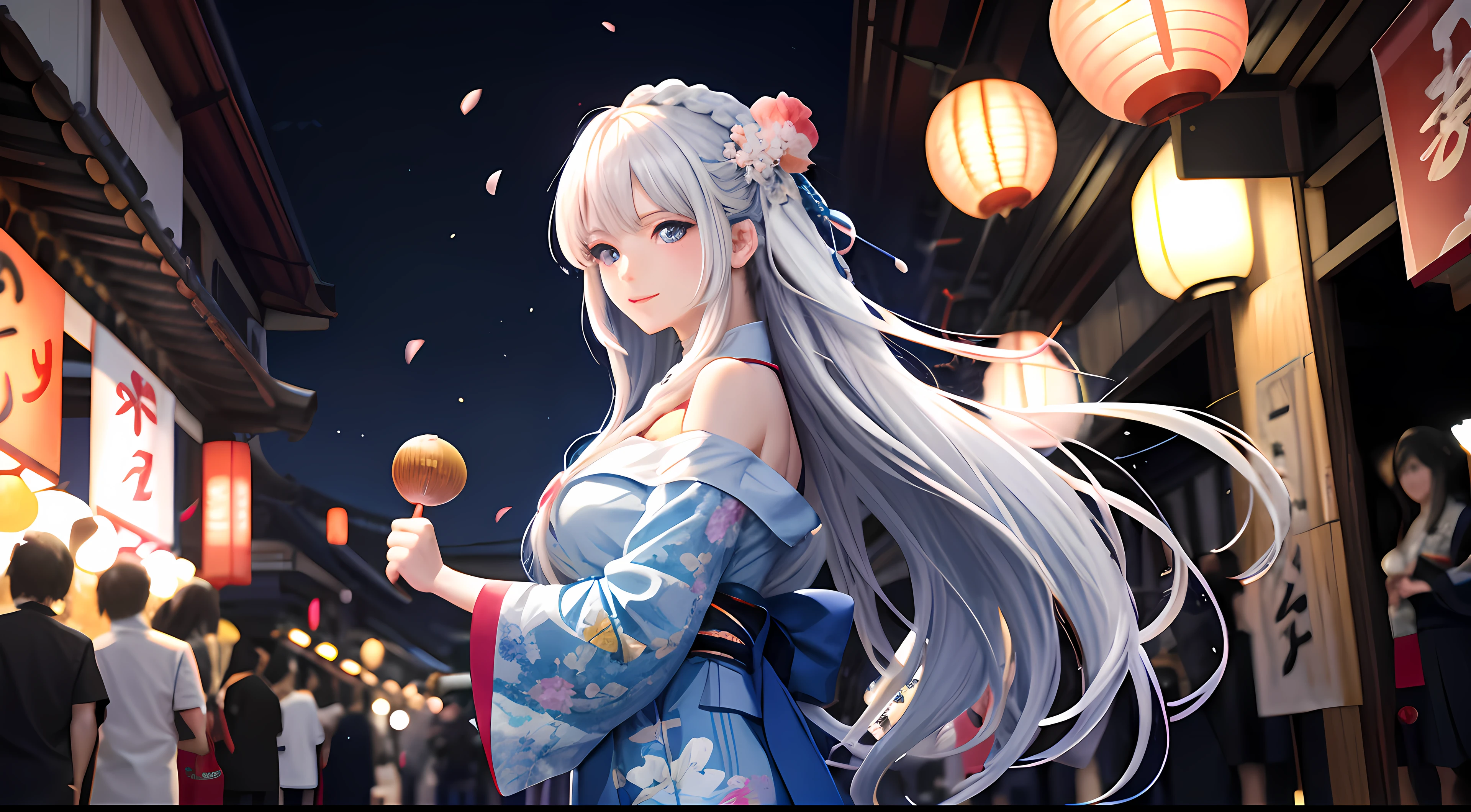 anime, 1 lady, long white hair braided and blue eyes, hair blowing, off-shoulder blue yukata, kyoto, night festival, Sakura petals, fireworks, light smile