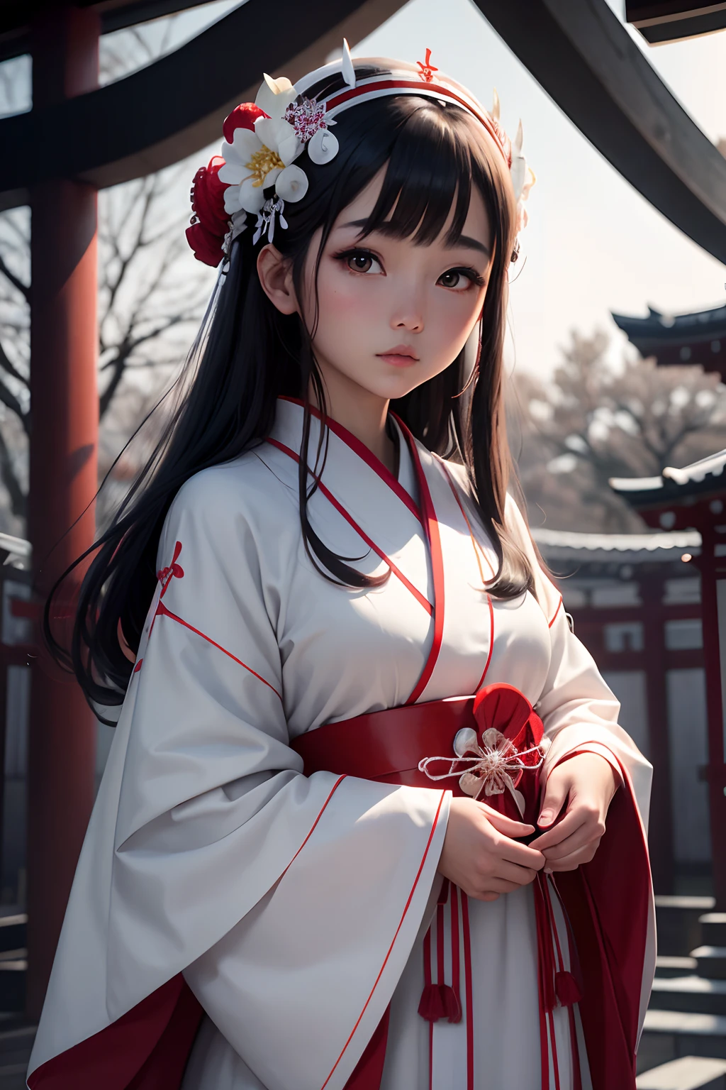 una chica hermosa, sacerdotisa japonesa, Dressed in typical white and red Shinto Japanese priestly costume, ojos negros, con mirada firme y compasiva, pelo largo negro recogido con una coleta elegante, paisaje nocturno, iluminada con velas, templo sintoista