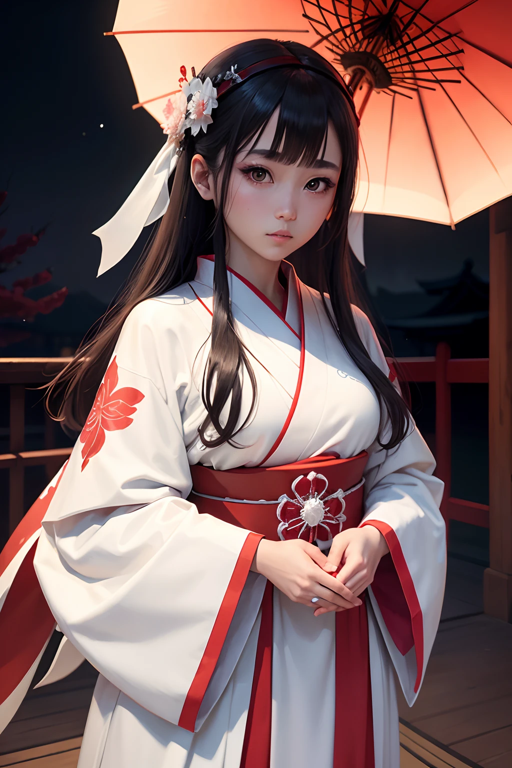 una chica hermosa, sacerdotisa japonesa, Dressed in typical white and red Shinto Japanese priestly costume, ojos negros, con mirada firme y compasiva, pelo largo negro recogido con una coleta elegante, paisaje nocturno, iluminada con velas, templo sintoista