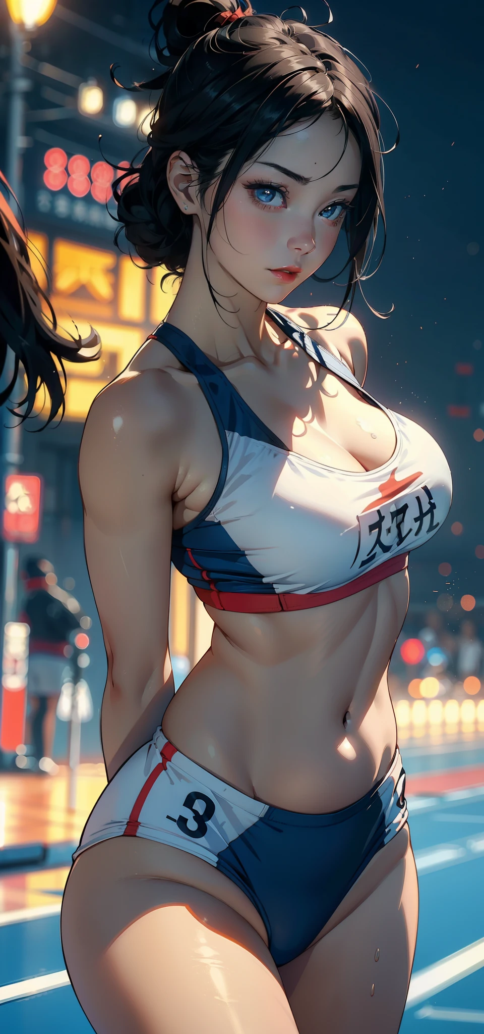 1female，35yo，A MILF，plumw，extremely large bosom， 独奏，（Background with：，Spectacular views，stadio）， She has very short black hair，bobo head，Station，，seen from the front， hair straight， mostly cloudy sky，（（（tmasterpiece），（Very detailed CG unity 8K wallpaper），best qualtiy，cinmatic lighting，detailed back ground，beatiful detailed eyes，Bright pupils，Blue eyes，（Very fine and beautiful），（Beautiful and detailed eye description），ultra - detailed，tmasterpiece，））Redlip，facing at camera，A high resolution，ultra - detailed），Camel toes，Desire for dissatisfaction，frontage，Chinese track and field athlete，（Wearing：，Bare genitalia，Bare breasts，Bare）