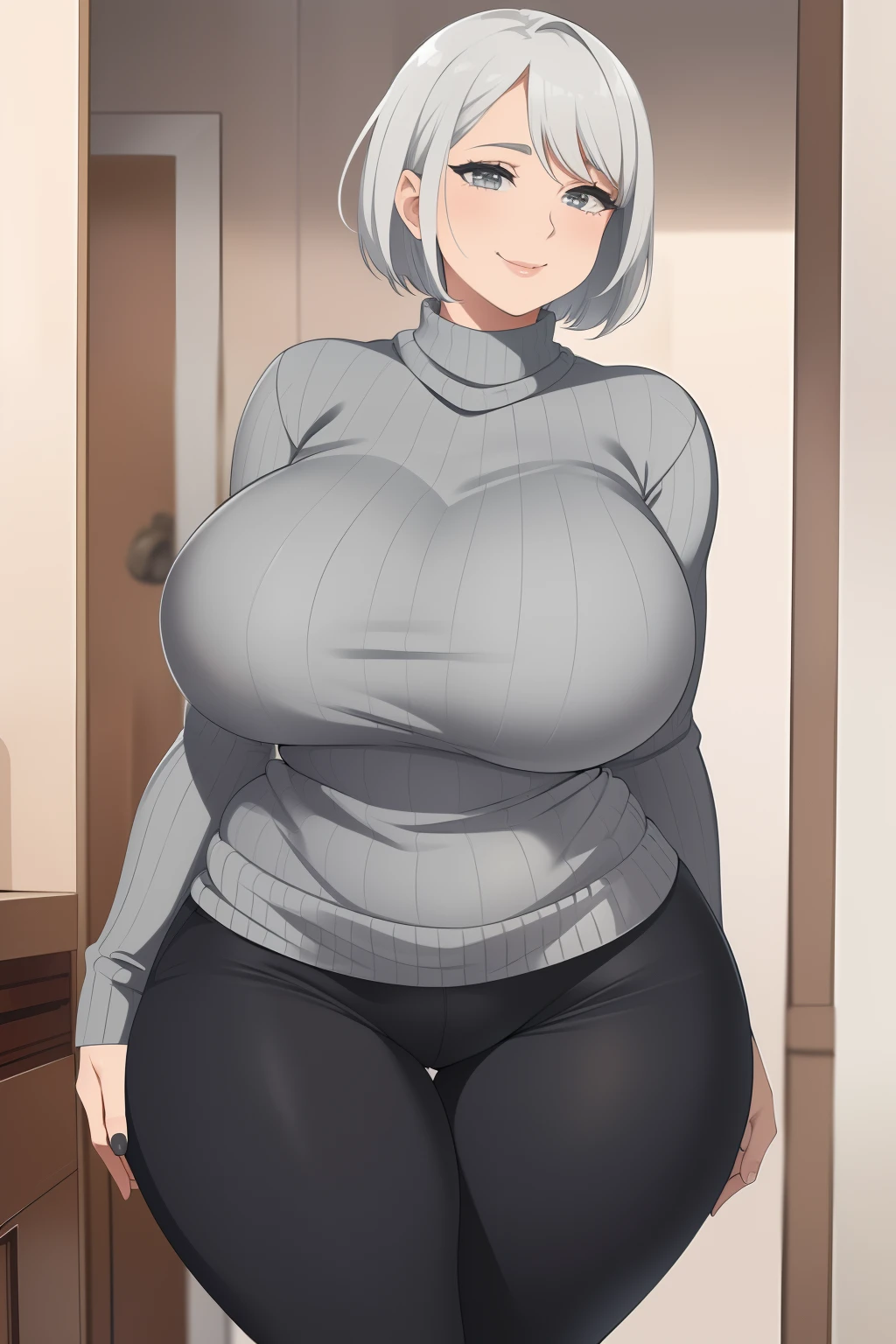 a close up of a person with a big butt in a room, smile, curvy, busty, silver hair, short hair, dark gray pants, gray sweater, front view, thicc, (sfw) safe for work, insanely inflated hips, large thighs, bottom heavy, realistic shaded perfect body, heavy detailed, oppai, realistic shaded