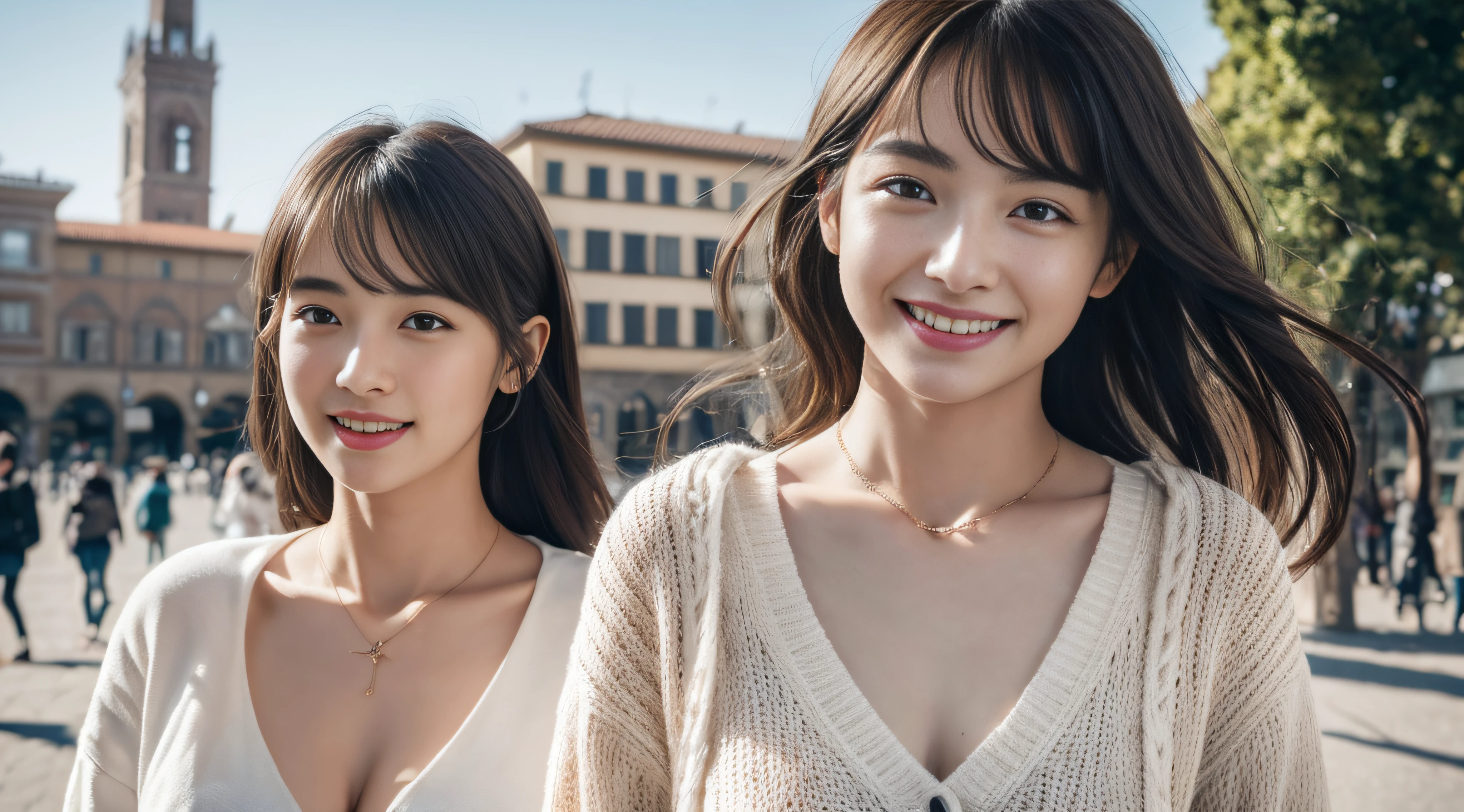 (High resolution, Ultra-detailed:1.2), (Skindentation), 1womanl, 25-years old, (femele), 独奏, (realisitic, Top image quality, Photorealsitic, masterpiece, 8K, High resolution1.34), extra detailed face, (profetional lighting、bokeh dof), (light particules、lensflare、Luminous particles:0.6), (dynamicposes:1.2), Soft lighting, Top Angle View, Fashionable and trendy atmosphere, jpn, a street, TOKYOcty, harbour, skytree, Tokyo Tower, ((during daytime)), Skysky, ((Look at viewers:1)), (looking in camera)、(portlate:0.6)、cowboy shot、a gorgeous、is standing、Keep the original facial proportions、broad shoulder、full body Esbian、(medium breasts)、(Medium Hair)、brown haired、Floating hair、s lips、lipsticks、seducting smile、Floating hair、A smile、Open_Mouth、tusk、Blouse、(floral print summer dress:1)、Eye lashes、