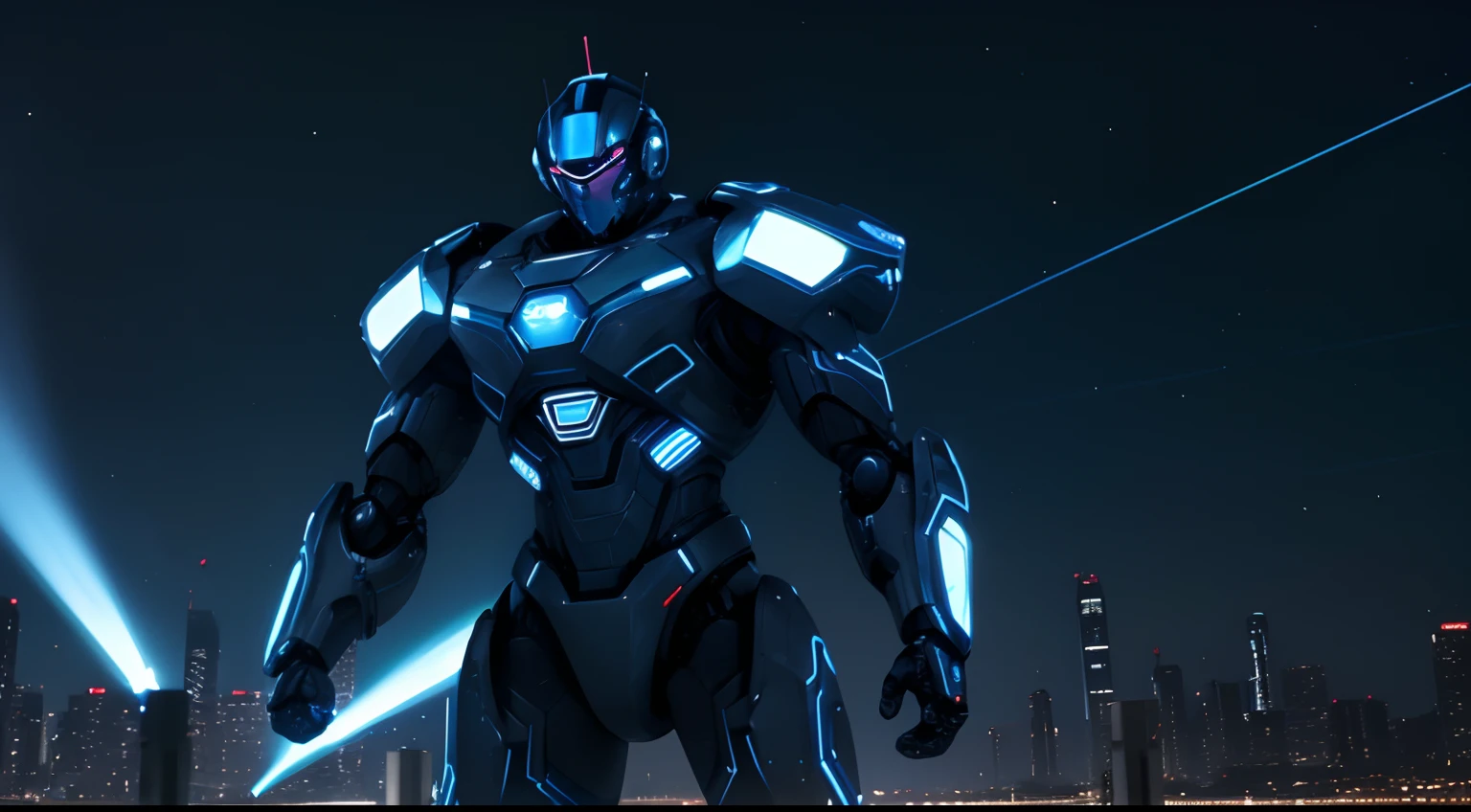 man wearing a robot suit with sophisticated equipment, and blue glows surrounding them, flying up to kick a person, the night sky with city lights in the background creating a dramatic atmosphere