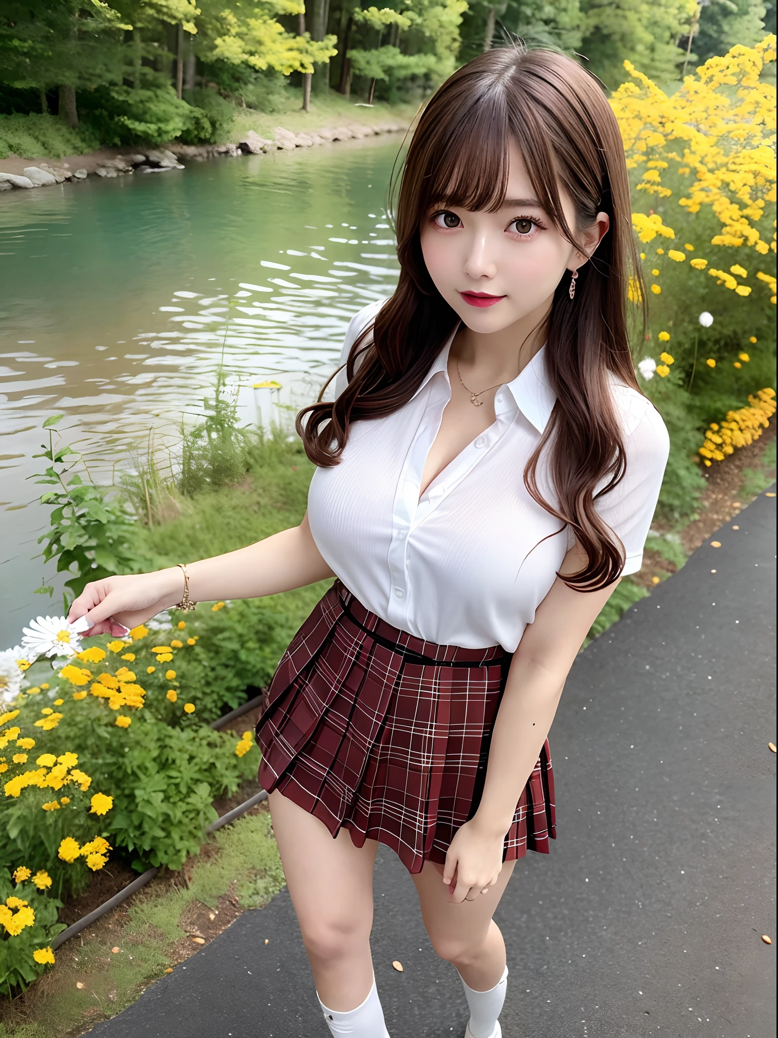 NSFW, 8k RAW photo, Best Quality, masutepiece, 超A high resolution, Film grain, filmg, 1girl in, 23 years old, Looking at Viewer, Natural Skin Texture, realistic eyes and face details, Full lips, lip stick, (makeup), Red eyeshadow, Fluffy short hair, hair messy, Smile, closes mouth, Beautiful legs, Tall lady, skinny, Slim legs, Solo, huge-breasted, cleavage, pose with buttocks facing you, Ultra short skirt, Ass, Shirt, beautiful nature location, Around the place of flowers, (Detailed background), plaid skirts, White shirt, huge-breasted, cleavage, Show a little cleavage through the shirt, lowfers, Blurry background, Blurry, Holding, Plaid, Short sleeves,  Brown hair, Bracelet, Water, Bangs, School uniform, Jewelry, Parted lips, Lips, From Side, Pleated skirt, depth of fields