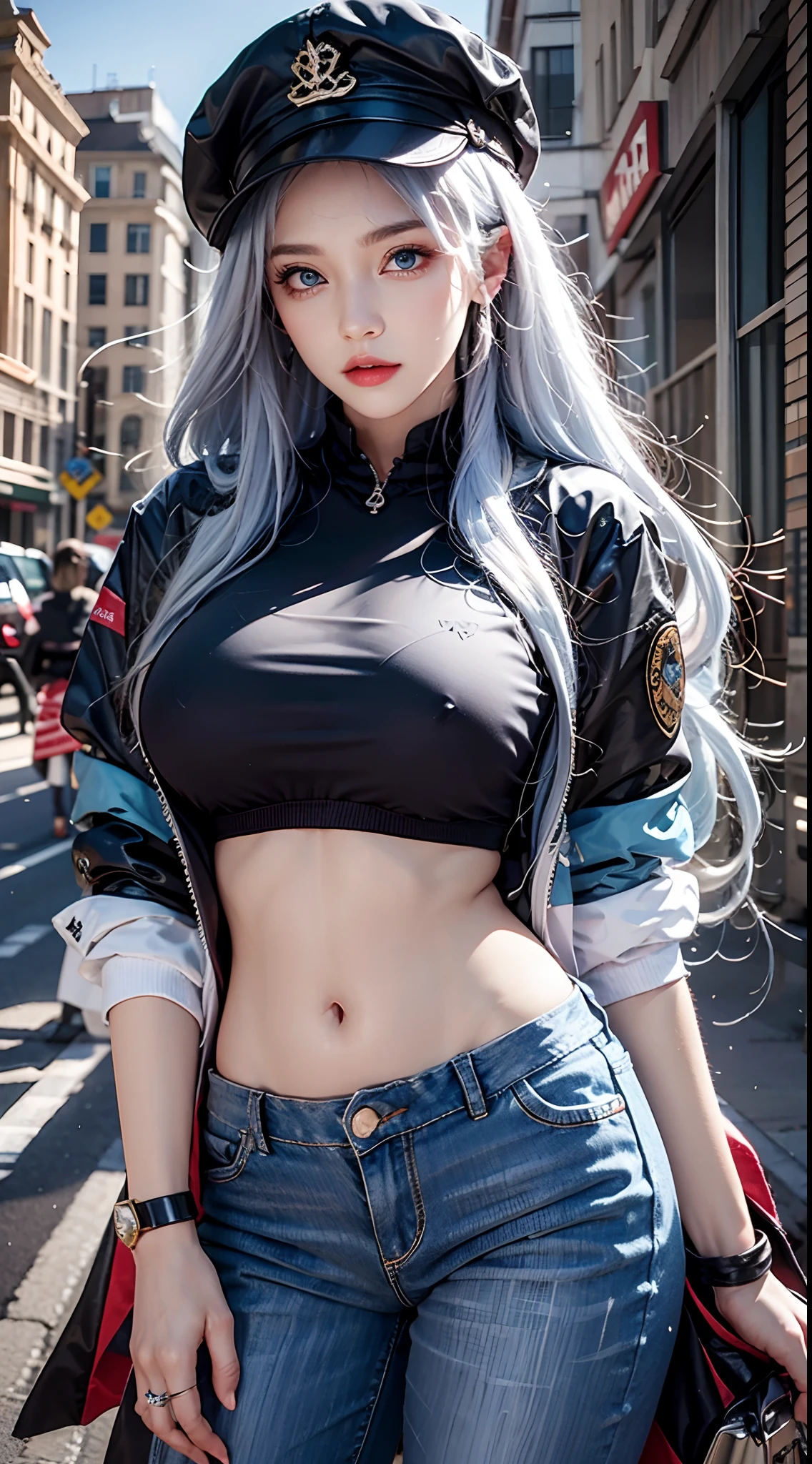photorealistic, high resolution, soft lights, 1women, solo, hips up, look at viewer, (detailed face), blue eyes, white hair, long hair, huge breasts, street wear, jacket, pants, cap, tattoo,jewelry