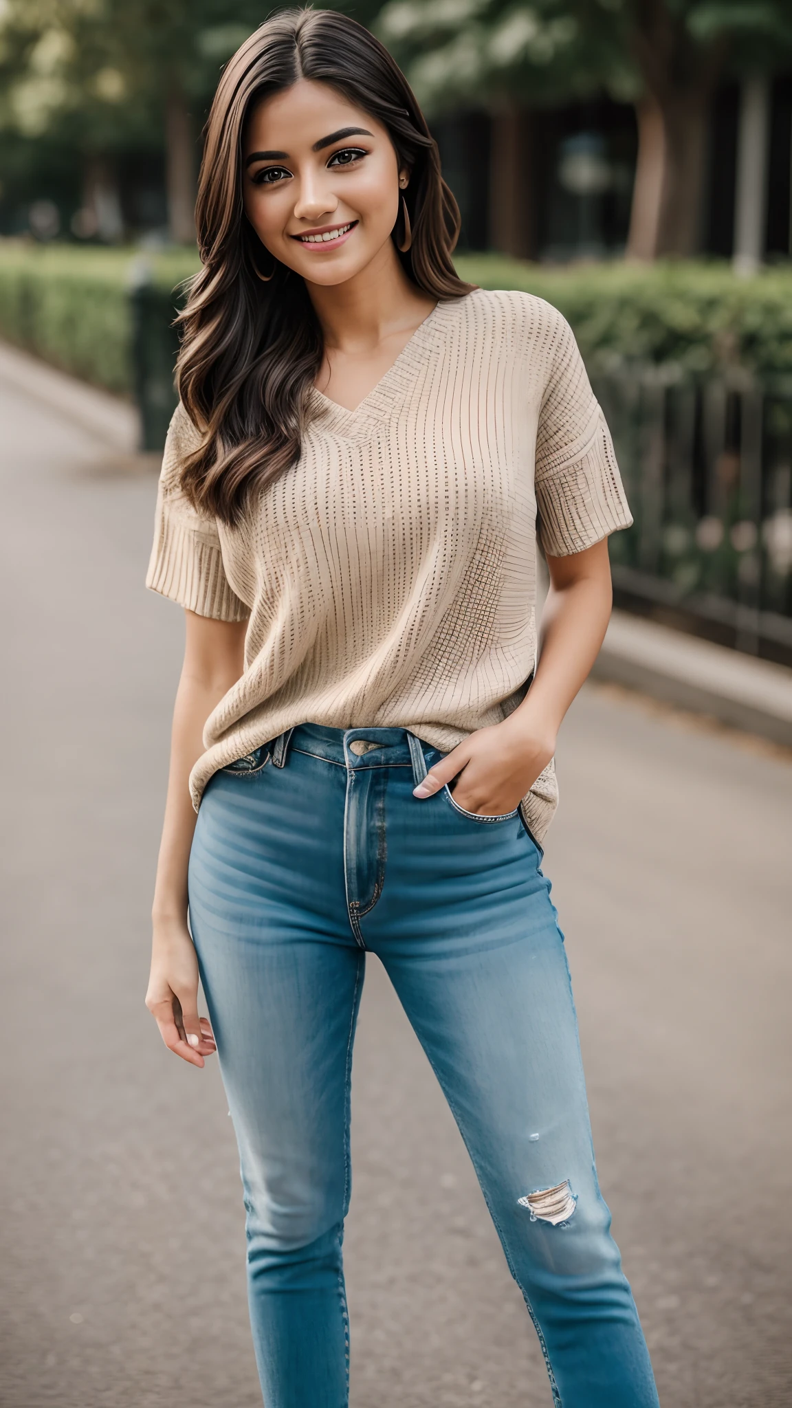 Hyper realistic and detailed full body photo of one young smiling beautiful woman wearing a modern trendy casual outfit. perfect eyes, (Eye makeup:1.1), (highly detailed skin:1.1), RAW, analog style, sharp focus, 8k UHD, DSLR, high quality, Fujifilm XT3, grain, award winning, masterpiece.