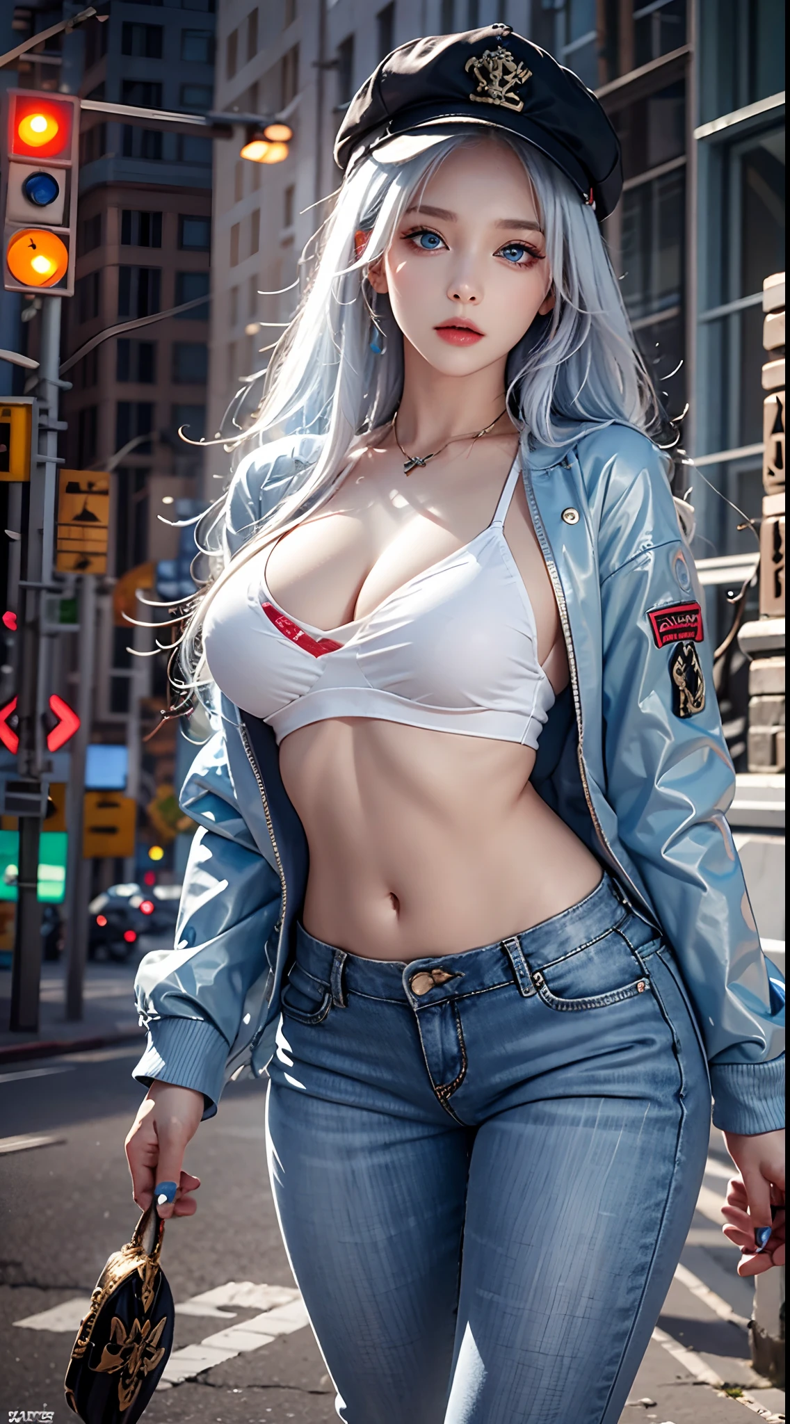 photorealistic, high resolution, soft lights, 1women, solo, hips up, look at viewer, (detailed face), blue eyes, white hair, long hair, huge breasts, street wear, jacket, pants, cap, tattoo,jewelry