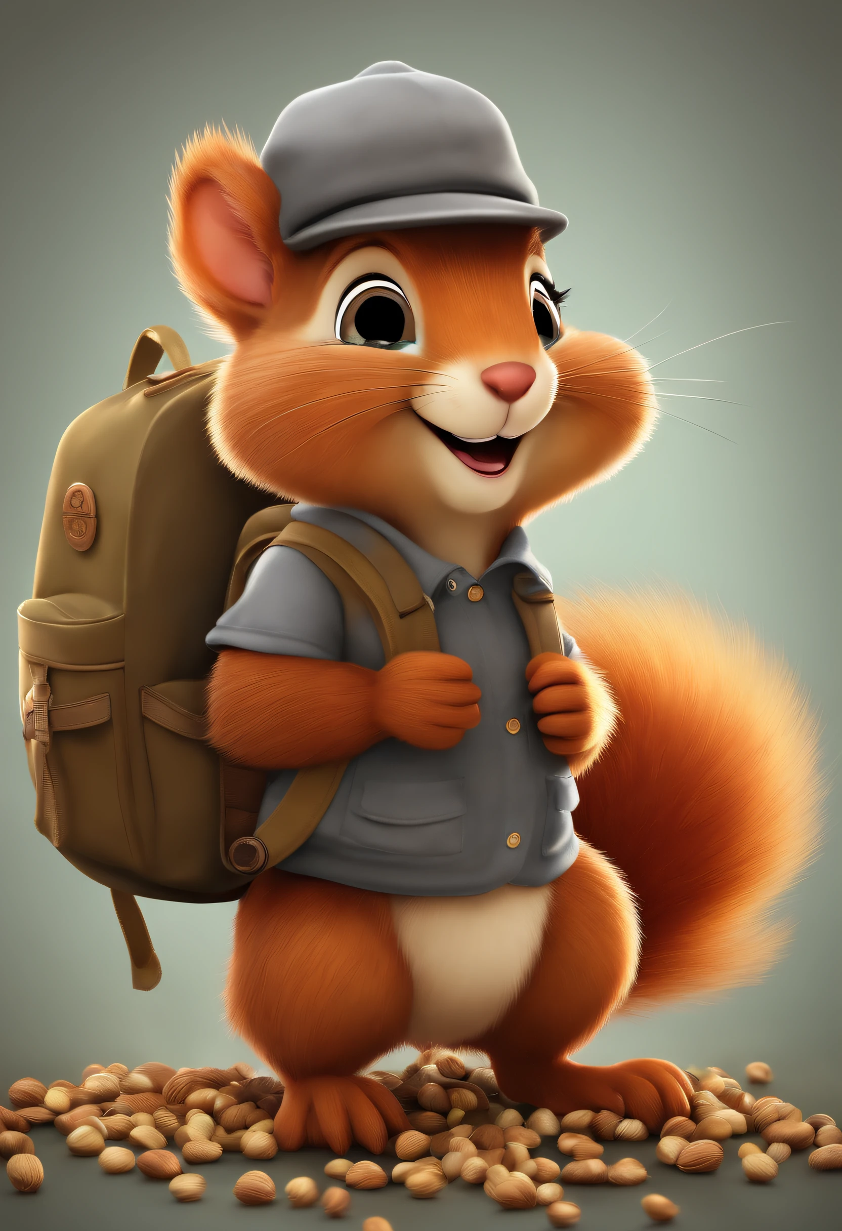 cute cartoon fluffy squirrel with backpack colleting nuts happily wearing a gray hat