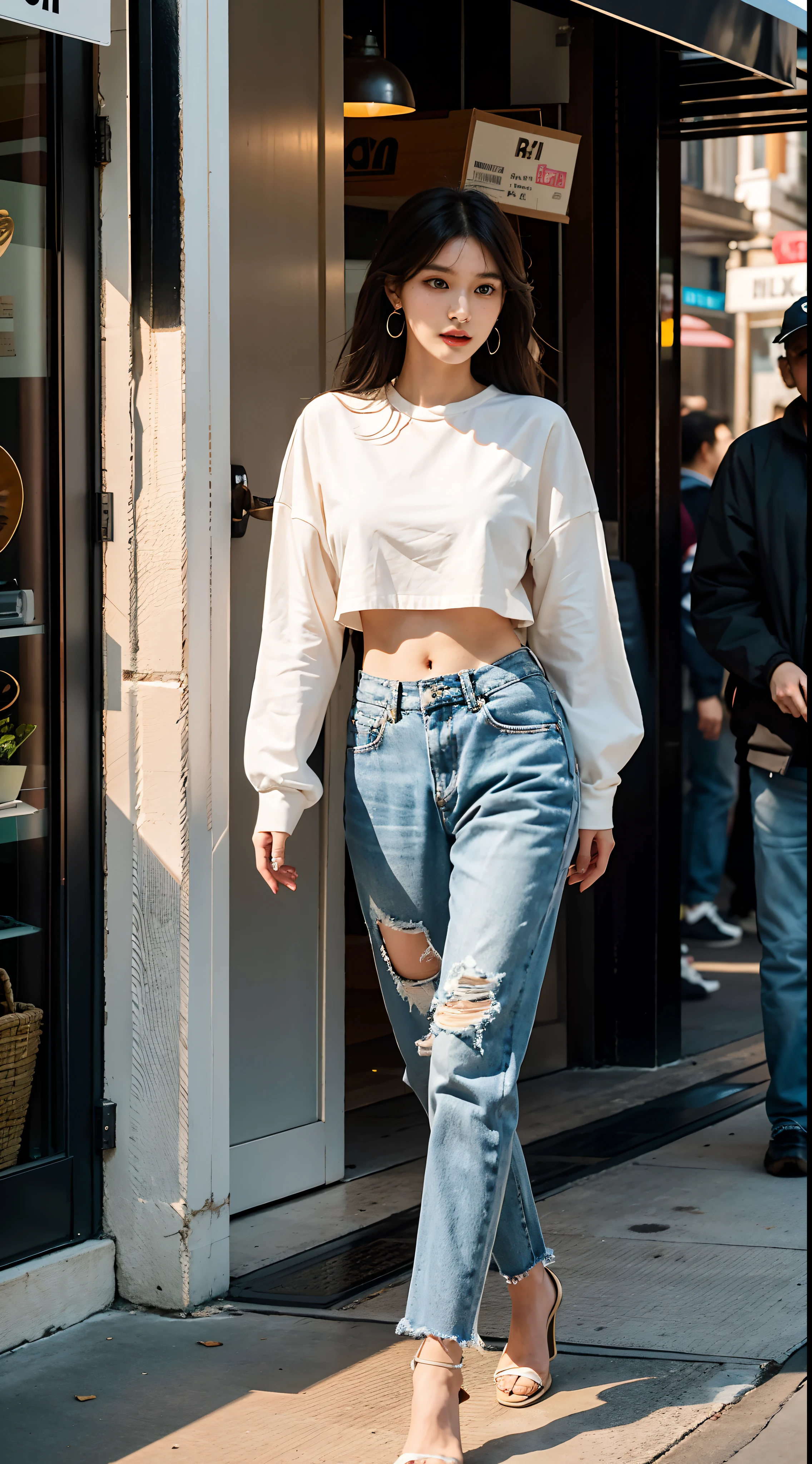 World's most beautiful Asian woman in jeans and heels walks on the sidewalk, bella hadid, baggy jeans, wearing a cropped tops, Wearing a cropped top, exposed midriff, White shirt and blue jeans, Wearing a shirt and jeans, dua lipa, newyork, loose - fitting blouses, Wearing a sexy cropped top, woman in streetwear、Gorgeous young Korean woman、Extremely beautiful face、full body length、full body full height、full-length shot, Cardi B、Handsome black bodyguard male behind、full body full height、full body in shot, full body length shot、Gold Gorgeous Face、face perfect、Eye level、Functional、Beautiful young Korean woman、beautiful aesthetic face、white backgrounid、Wearing gorgeous platinum silver earrings、Platinum silver texture and shiny earrings、in 8K、photographed、(realisitic、Photorealsitic: 1.37)、The best and most perfect beauty in the world、very large breast、profetional lighting、a handsome 、Beautiful brown long hair、hight resolution、1080p、studio shoot、Sexy hip line、Bright lighting、(Crisp face)、(Detailed face description)、Rich details、Skin clarity and hydration、Skin texture and detail、Textured、 Hair texture and contrast、beautiful and delicate face、beautiful and delicate eyes、Crisp double beautiful eyes、Skin detail and texture、Hair details and texture、Skin contrast and detail、Lip texture and contrast、Texture and contrast of clothes、Eye texture and clarity、beautidful eyes 、Cutting-edge fashion、Fashionable、Bright natural light、Professional photography、Functional、Ron Arad、Transparent translucent medium、limited palette、Woman Core、white backgrounid、White background、hight resolution、Minimal refinement、