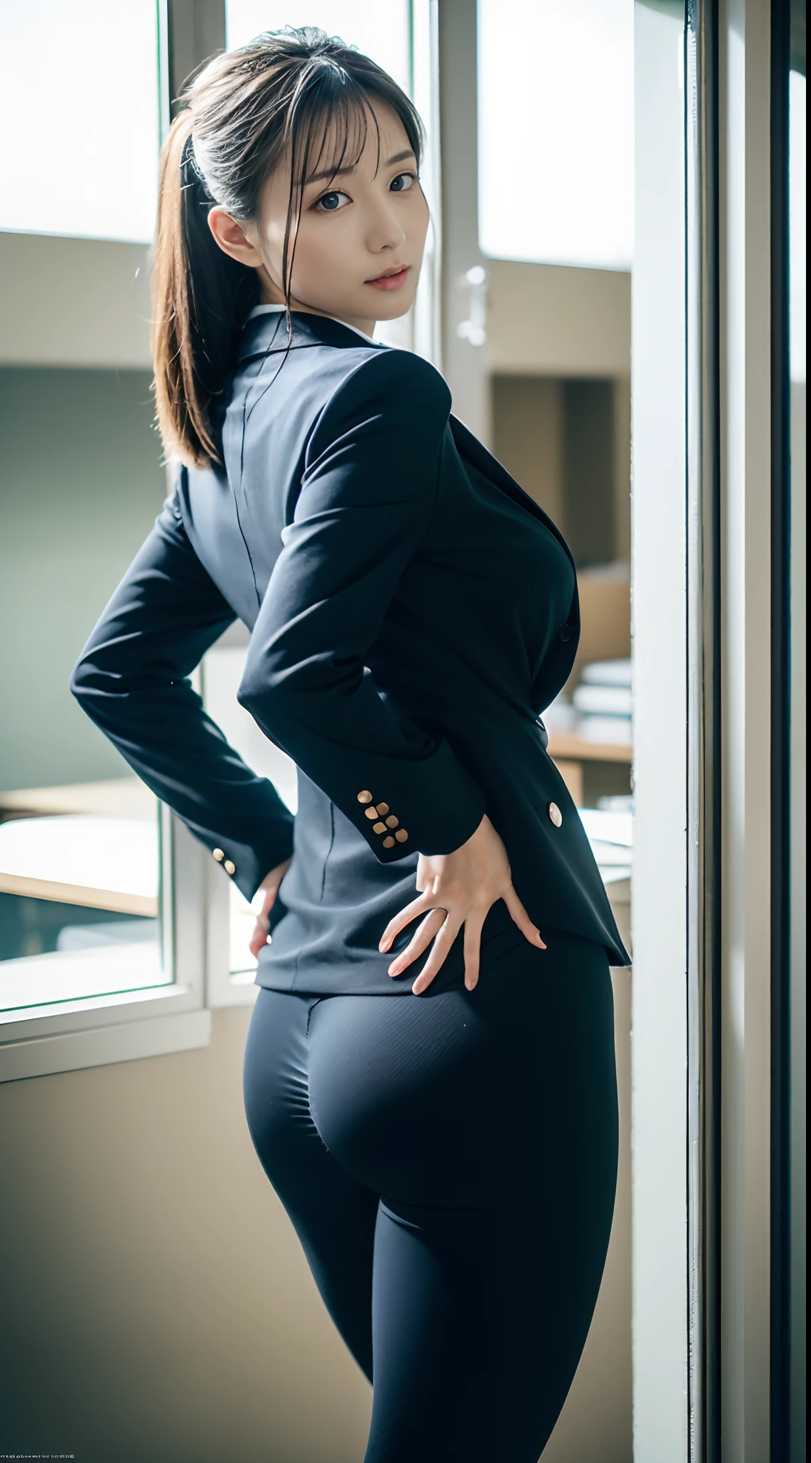 masutepiece, Best Quality, 超A high resolution,(photographrealistic:1.4) (depth of fields),(Lens Glow) , Navy jacket:1.5、Inside the office:1.5、a Pretty Japanese woman:1.5、officeworker、Sexy buttocks:1.5