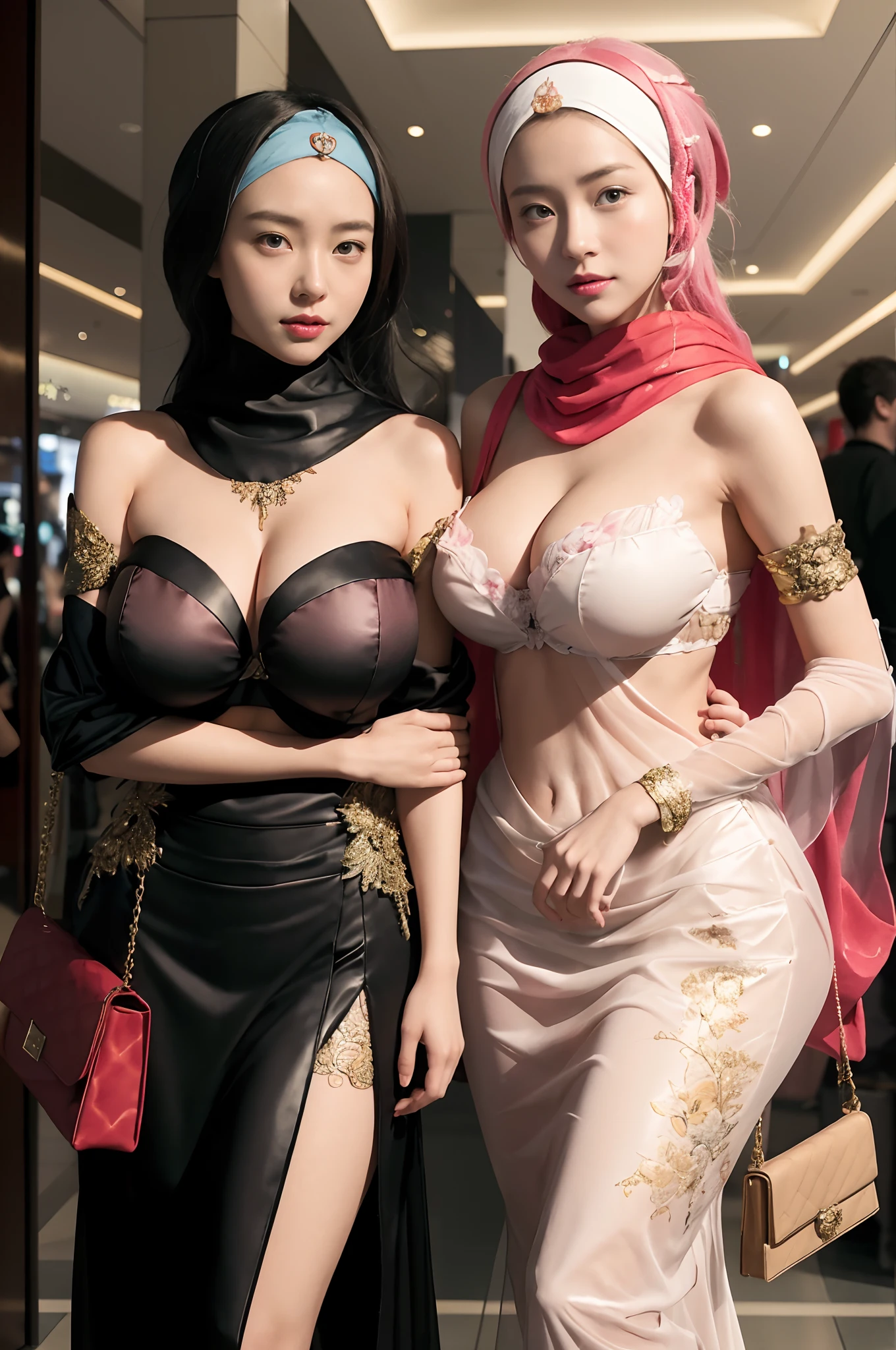 two women in costumes are posing for a picture in a mall, wlop and sakimichan, in clothes! highly detailed, artwork in the style of guweiz, [ 4 k digital art ]!!, two beautiful anime girls, trending on cgstation, wlop and artgerm, trendin on artstation, deviantart artstation cgscosiety