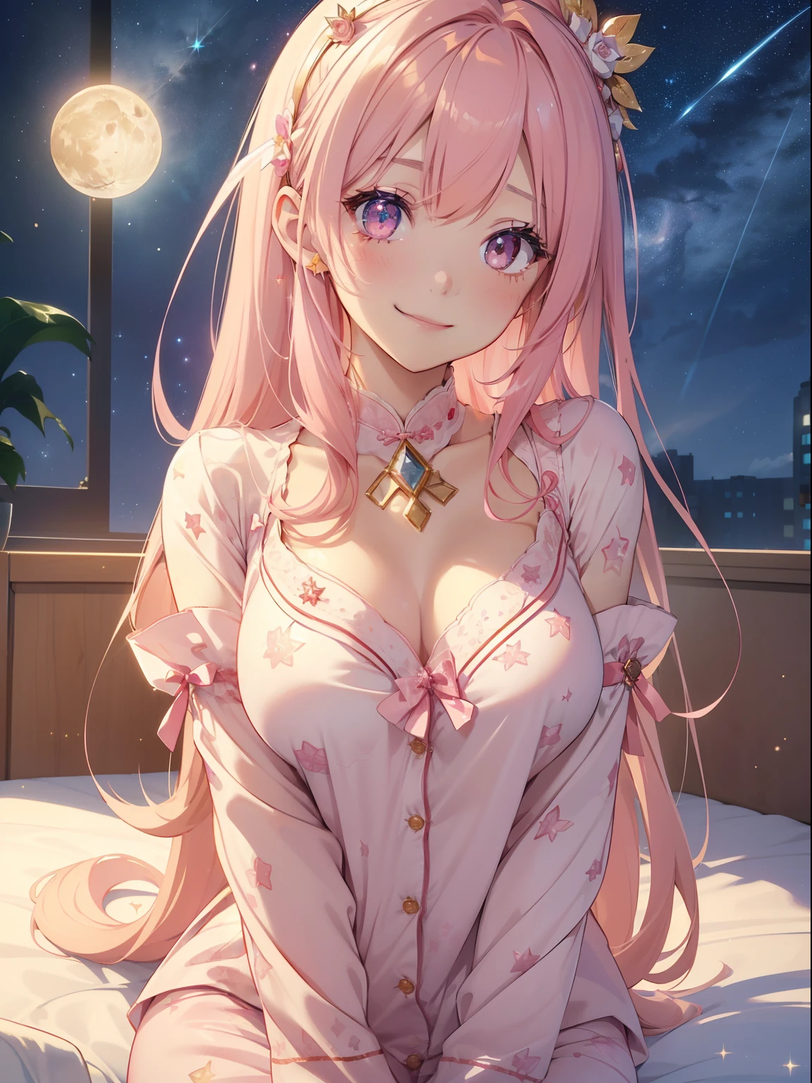 masutepiece, High resolution, 8K, anime woman, Delicate and detailed writing 、Detailed digital illustration、Very long hair and shiny、Bangs、a very beautiful woman、Eyes are double, Large, Bust is D cup、High image quality, High quality、Detailed background、(((wearing pajama)))、((Girl's room background))、(The inside of the eye shines like a diamond、Light pink hair、Gradient pupil、(((2 arms、4 fingers, 1 thumb)))、Detailed female face、Very beautiful and cute woman、、细致背景、masterpiece、Soft Focus , Bright gradient watercolor , Lens Flare , (((Glitter))) , Glow , Dreamy , 、Less exposure、Nothing at hand、Idol、Pink ribbon、Very beautiful red rose hair accessories、Pink and gold outfit、White is the main costume、((Big smile))、((Macro for the eyes))、(((natta、Starry sky and moon)))