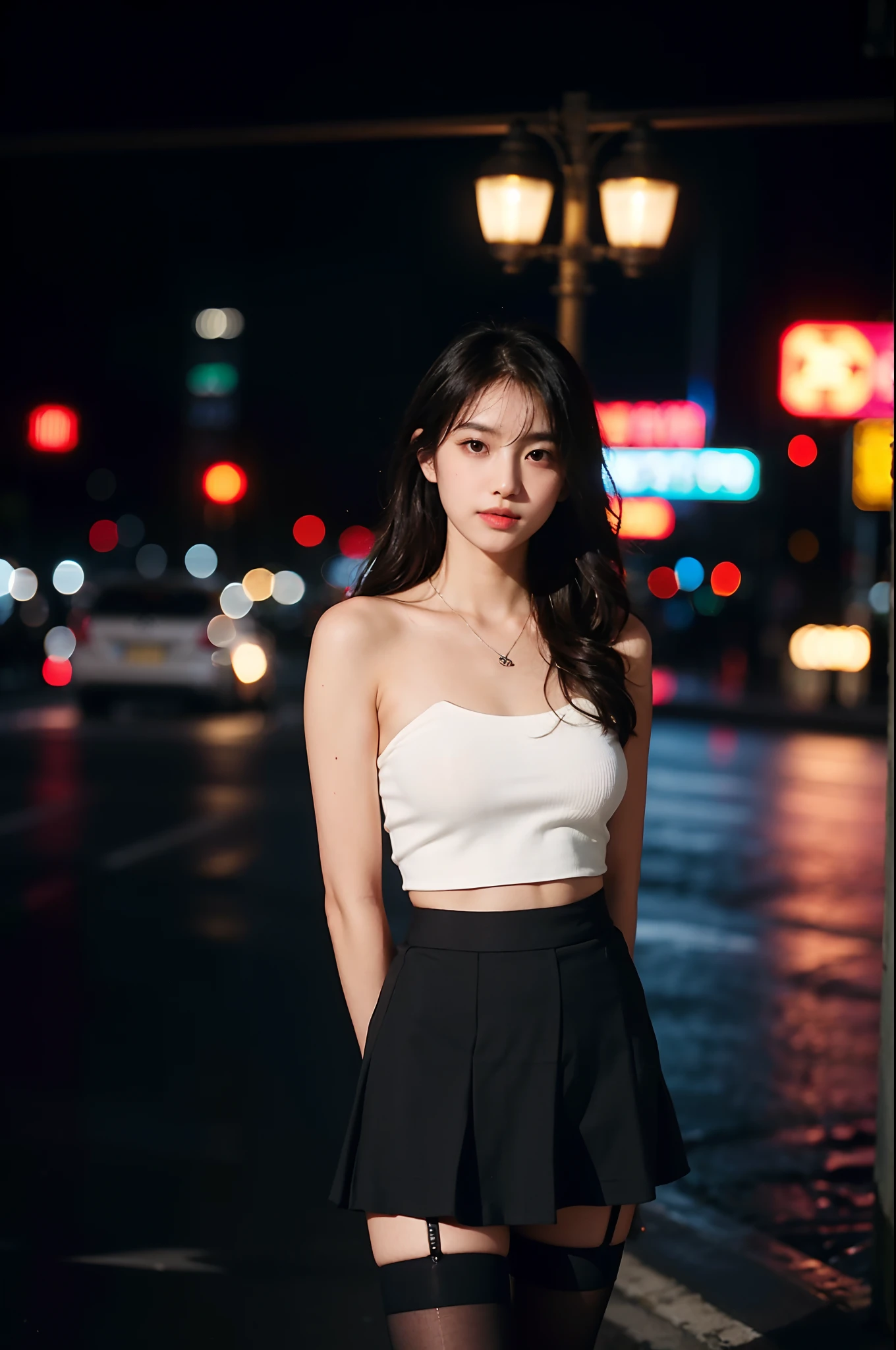 (8k, RAW photo, best quality, masterpiece:1.4), ultra high res, (realistic, photo-realistic:1.48),omertosa,1girl,(Kpop idol), (aegyo sal:1),cute, (super bokeh night city center:1.25), bokeh, night, traffic lights, road sign, rain, after rain, wet, professional lighting, detailed lighting, photon mapping, radiosity, physically-based rendering,Black pantyhosebloom, backlighting, depth of field, natural lighting, hard focus, film grain, one meter shooting distance, professional photoshoot, photographed with a Sony a9 II Mirrorless Camera, detailed eyes, realistic eyes, detailed shadow, looking at viewer, dog ears, detailed lighting, skirt, black skirt, thighhighs, black thighhighs, (detailed hair, realistic hair, realistic lighting, realistic shadow, realistic outfit), realistic skin, (gun on waist:1), realistic reflection of light from above, ((arms behind back)),(hands behind),tube top,sexy