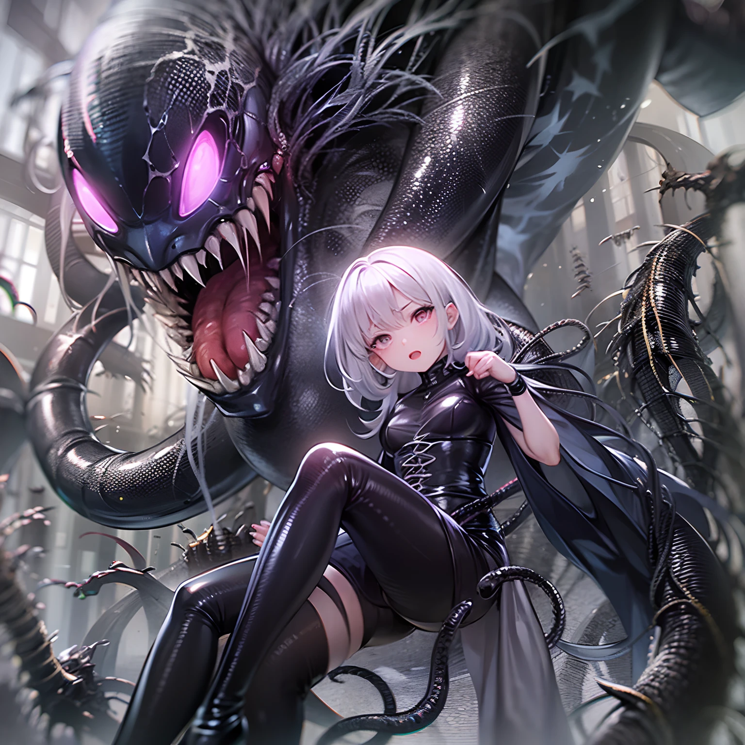 A silver-haired girl about is parasitized by venom,The whole body is dressed in black latex。The girl grabbed a man,The arm turns into venom to kill the man。