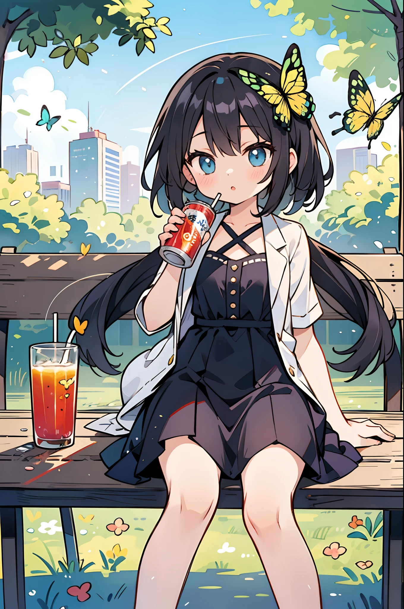 longshot、Kawaii Girl、Sitting on a summer park bench and drinking canned juice、A black swallowtail butterfly crossed in front of me