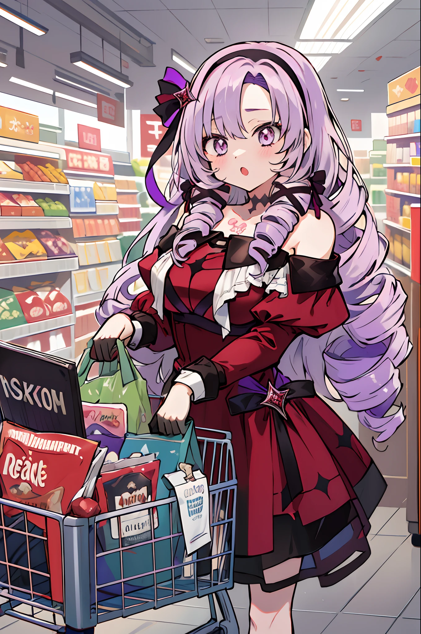 masutepiece, Best Quality, hight resolution, hmsalome, Drill Hair, Parted bangs, black hairband, bow ribbon, Purple eyes, Large breasts, The tattoo, Red dress, Long sleeves, Bare shoulders, Black Gloves, supermarket, shopping bags, shopping cart, :o, Standing,
