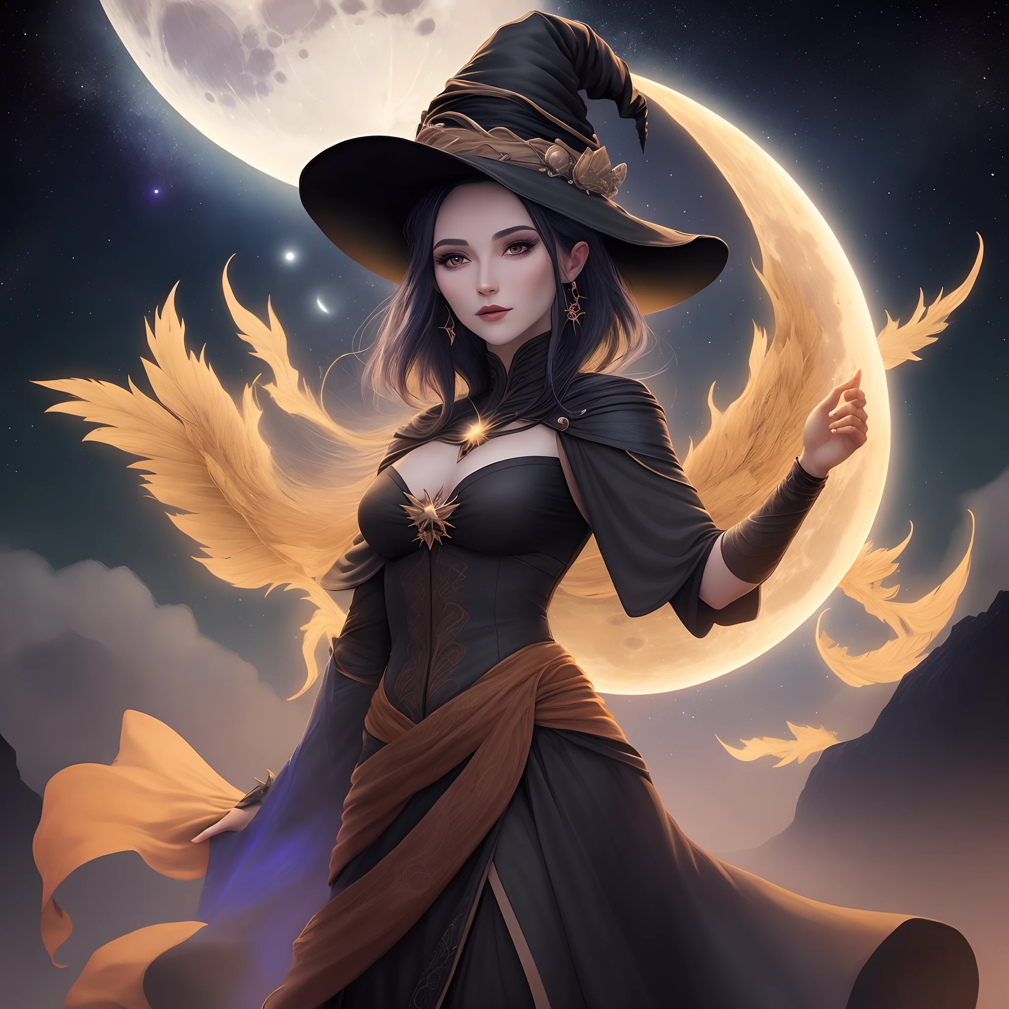 a witch that belongs to the moon of the darkest nights who is an avatar of the godess nyx, the backround is a nightsky filled with stars and the moon is shiny and far in the sky