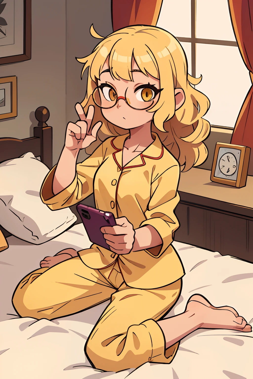 a girl with blonde hair, curly bangs, Yellow eyes, eyeglasses, pajamas, with the phone in hand, bed room