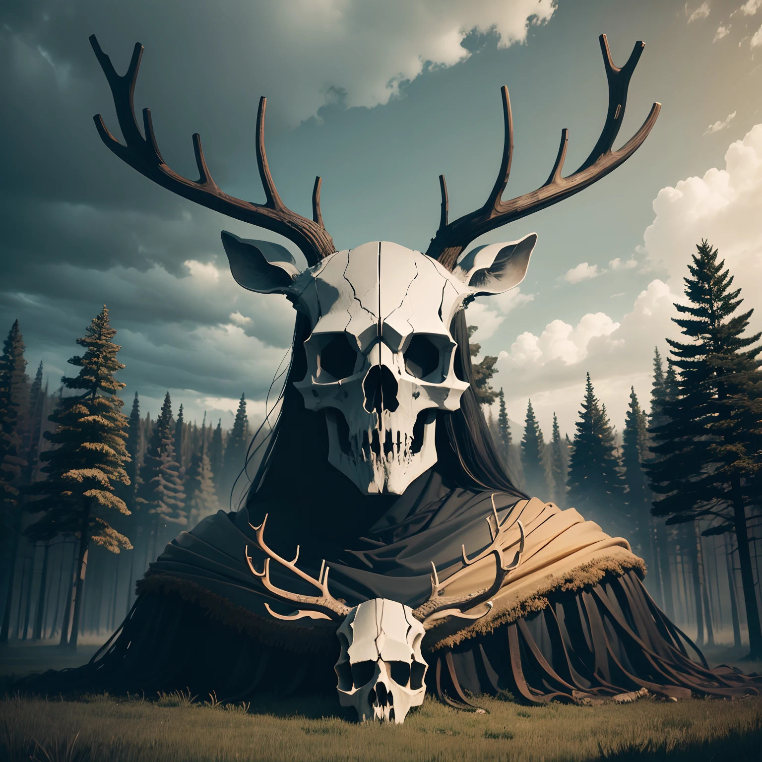 (Deer skull), huge figure, dark forest, cloudy sky, large trees, super detailed, masterpiece, surrounded by lifeless bodies. --auto